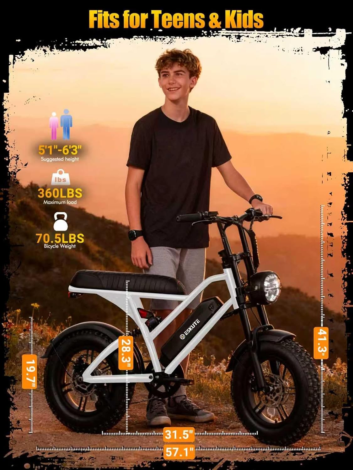 ESKUTE V100 Electric Bike for Adults, Electric Dirt Bike 1500W Peak Motor, All Terrain Dual Suspension E Bike 28MPH Top Speed, Ebike Up to 60 Miles Range, 16' Fat Tire, 48V13Ah Battery, 7-Speed