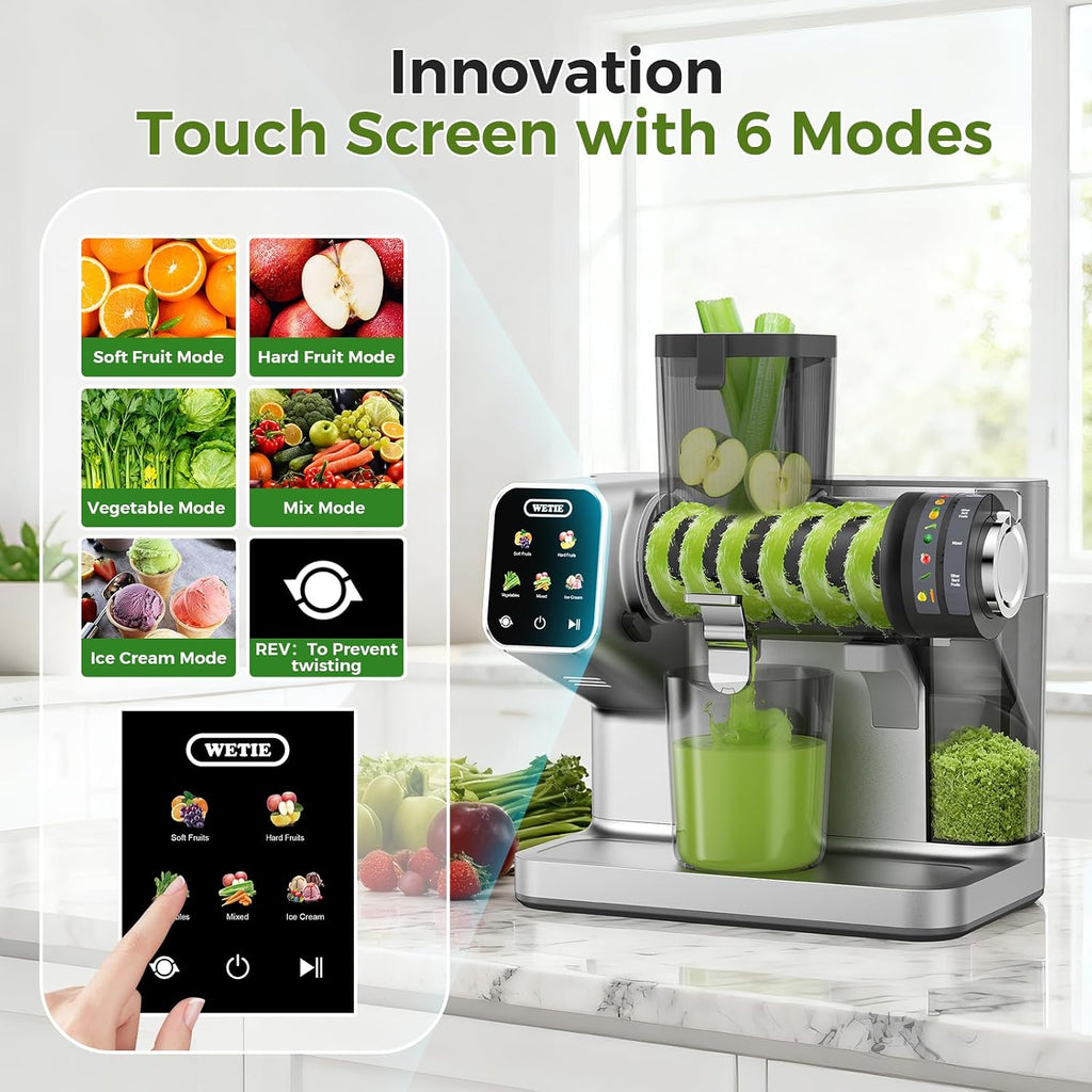 WETIE Cold Press Juicer, Powerful Juicer Machines with Adjustable Juicing Pressure, 99% High Juice Yield, Quiet Slow Masticating Juicer with Touch Screen, 3.54'' Feed Chute, Easy to Clean with Brush