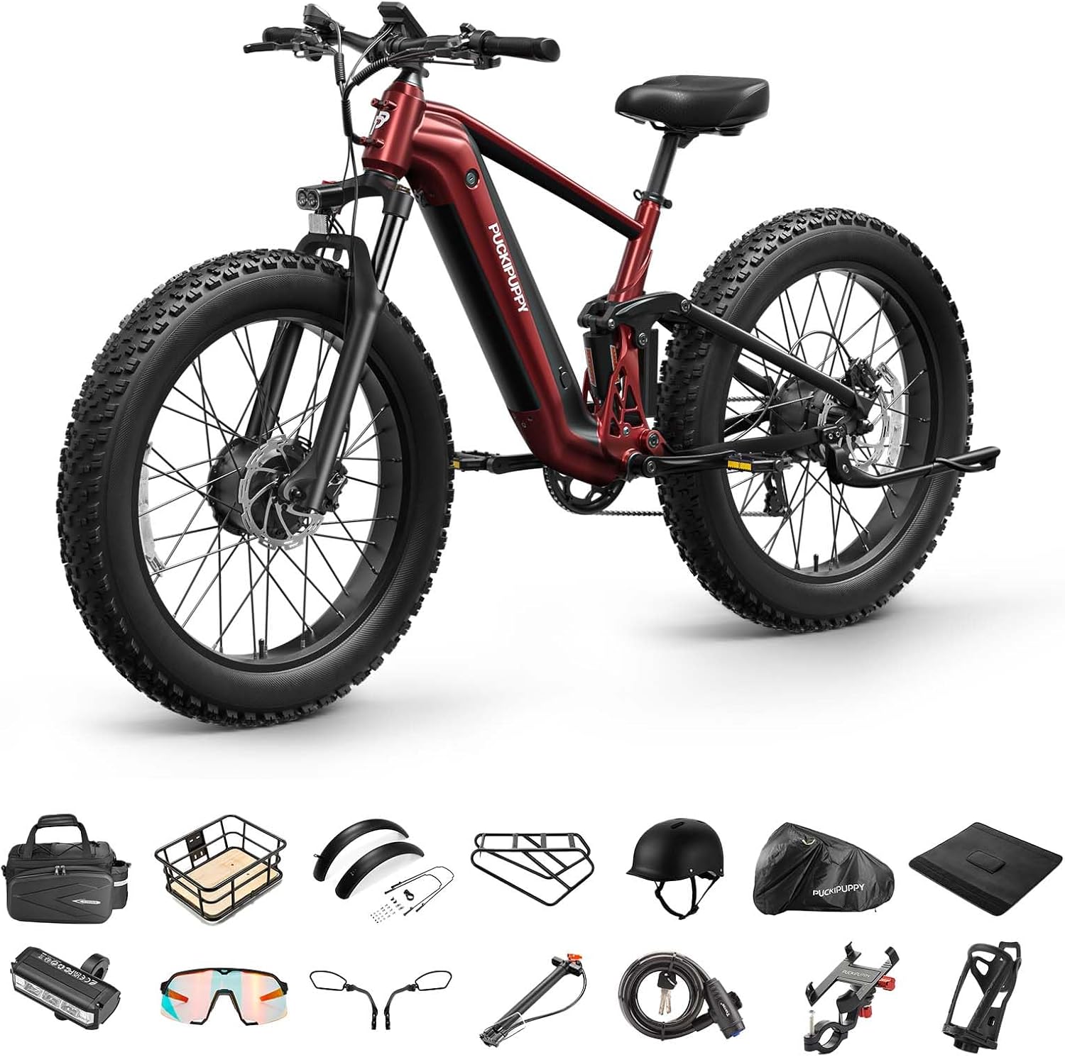 PUCKIPUPPY Dual Motor Electric Bike for Adults 1600W, 48V 20AH Battery with Torque Sensor, Full Suspension, 26' Fat Tire, 28MPH, 80 Mile Range, 8 Speed Mountain Electric Bicycle Golden Retriever Pro