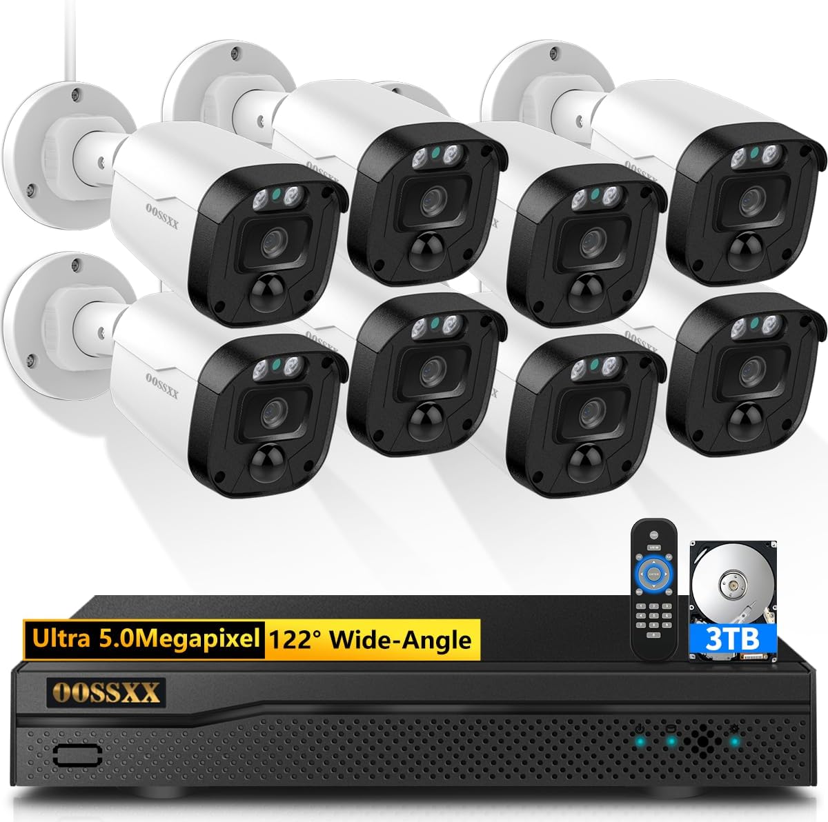 (2026 Update) 5MP Wired Security Camera System Outdoor, 8CH DVR with 3TB HDD, 8 x 122° Wide Angle Home Surveillance Cameras, 45 Days Recording, IP67 Waterproof, Free App No Monthly Fee, Remote Control