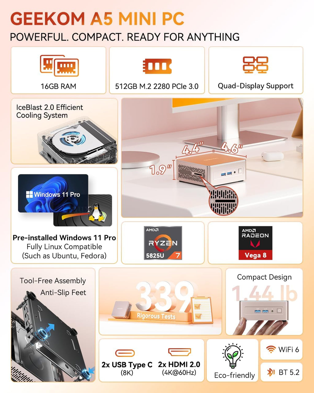 GEEKOM A5 Mini PC with AMD Ryzen 7 5825U, 3-Year Coverage, 16GB RAM(Upgradable, Not LPDDR)&512GB M.2 NVMe SSD, Windows 11 Pro Desktop Computer,SD Slot, 8K, Dual HDMI | Wi-Fi 6, BT 5.2 | Home & Office