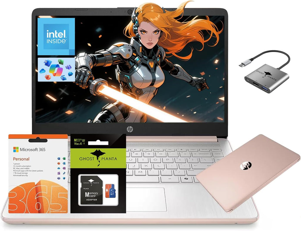 HP 14 Laptop, Quad-Core (Beat i3) 8GB RAM 256GB Storage(128GB UFS + 128GB SD Card) 1-Year Office 365 Copilot AI Computer for Student Study Back to School Win11 w/GM Accessory