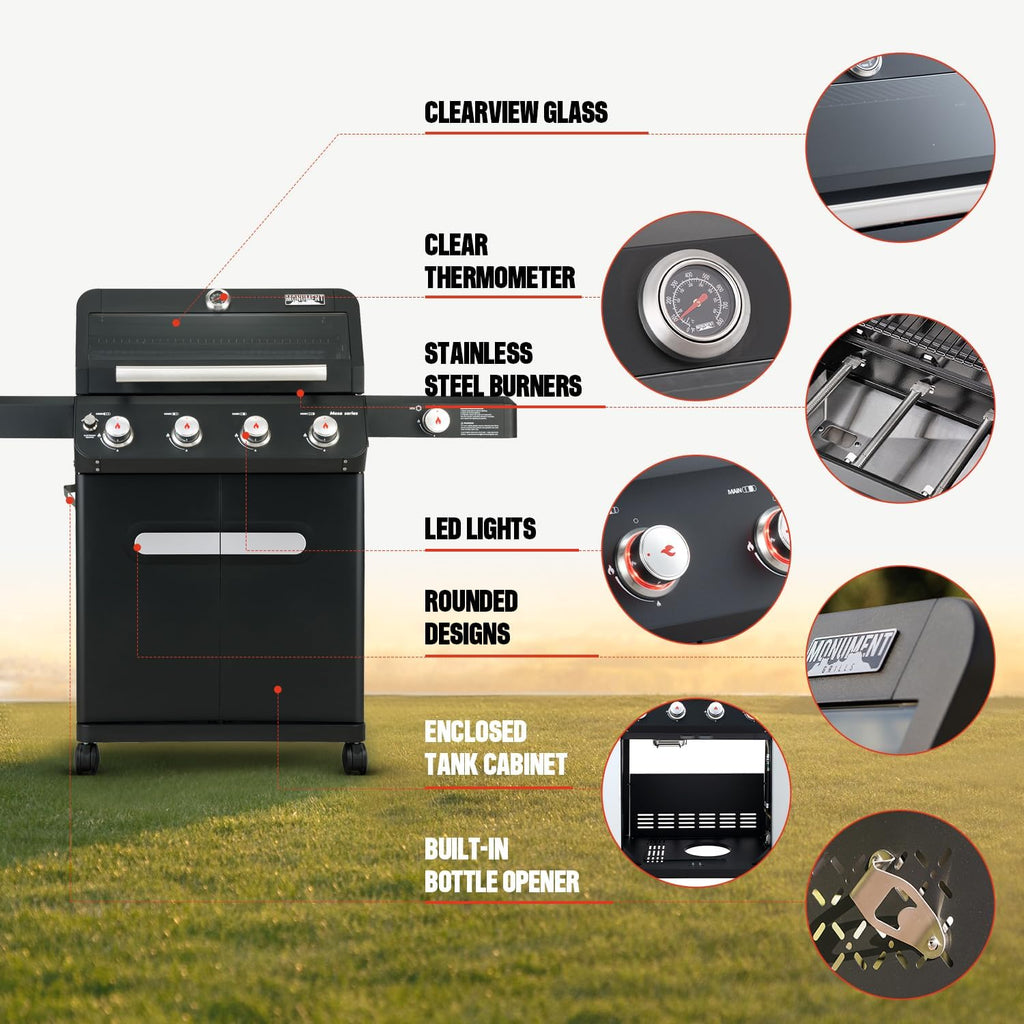Monument Grills Mesa Series, 4+1 Outdoor Barbecue Stainless Steel 4 Burners & 1 Side Burner Propane Gas Grill, 52,000 BTU Patio Garden Barbecue Grill with Knob Controls, Mesa425, Black