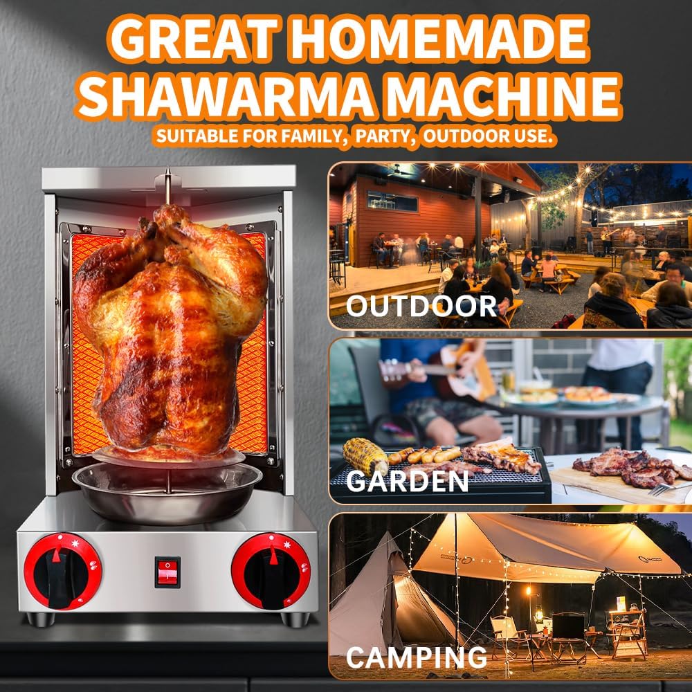 Li Zhen Shawarma Machine Gas Vertical Doner Kebab Machine Shawarma grill Vertical Rotisserie Machine Propane Vertical Broiler with 2 Burner and Meat Catch Pan for Kitchen,(Patented Product)