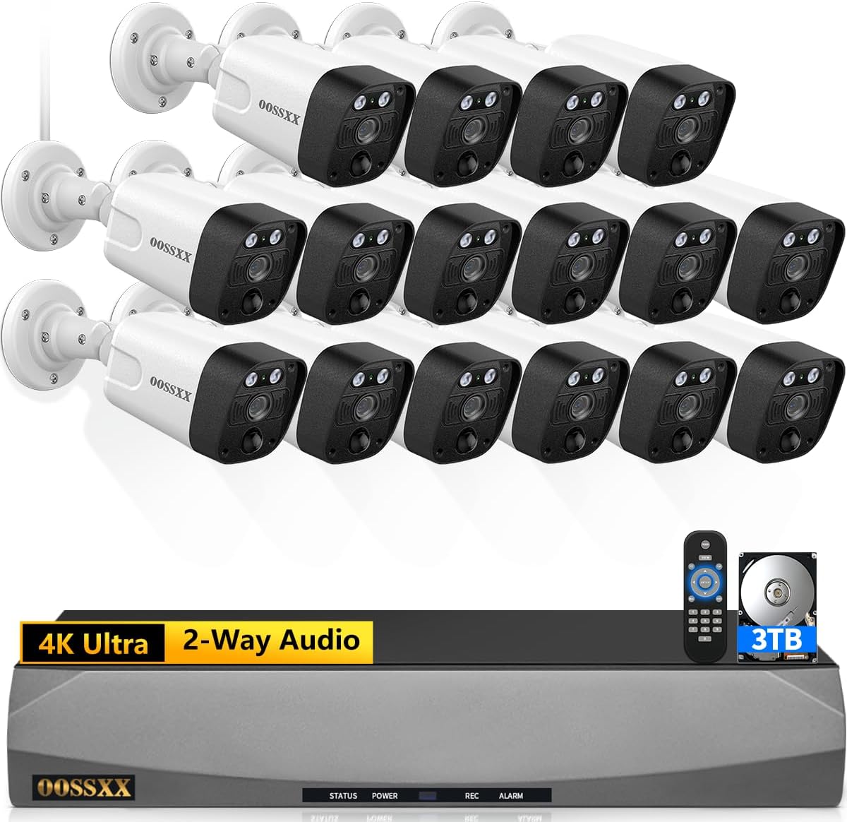 (2026 Update) 4K PoE Security Camera System w/PIR & AI Human Detection, 16CH NVR w/ 3TB HDD, 16 Cameras, 130° Ultra Wide Angle, 30-Day Recording, 2-Way Audio, Remote Control, No Monthly Fee