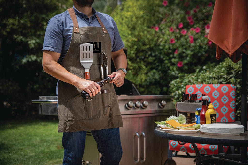 PICNIC TIME NFL BBQ Apron with Tools & Bottle Opener, (Khaki Green with Beige Accents)