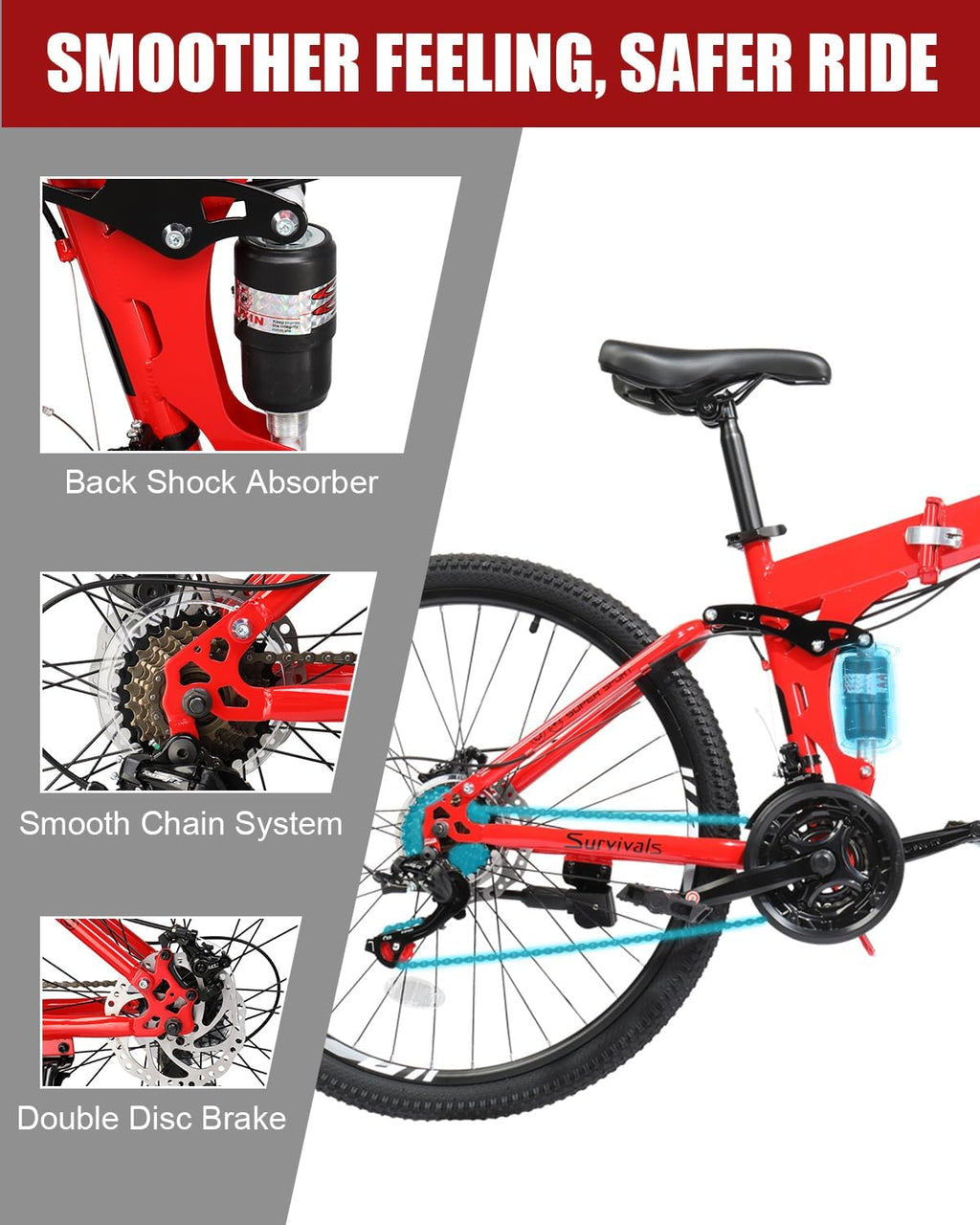 CamPingSurvivals Folding Mountain Bike, 26/27.5' Women's & Men's Bicycle, 21 Speed Foldable Bike for Adults with Dual Suspension, Dual Disc Brake, Adjustable Saddle & Precision Twist Shifting