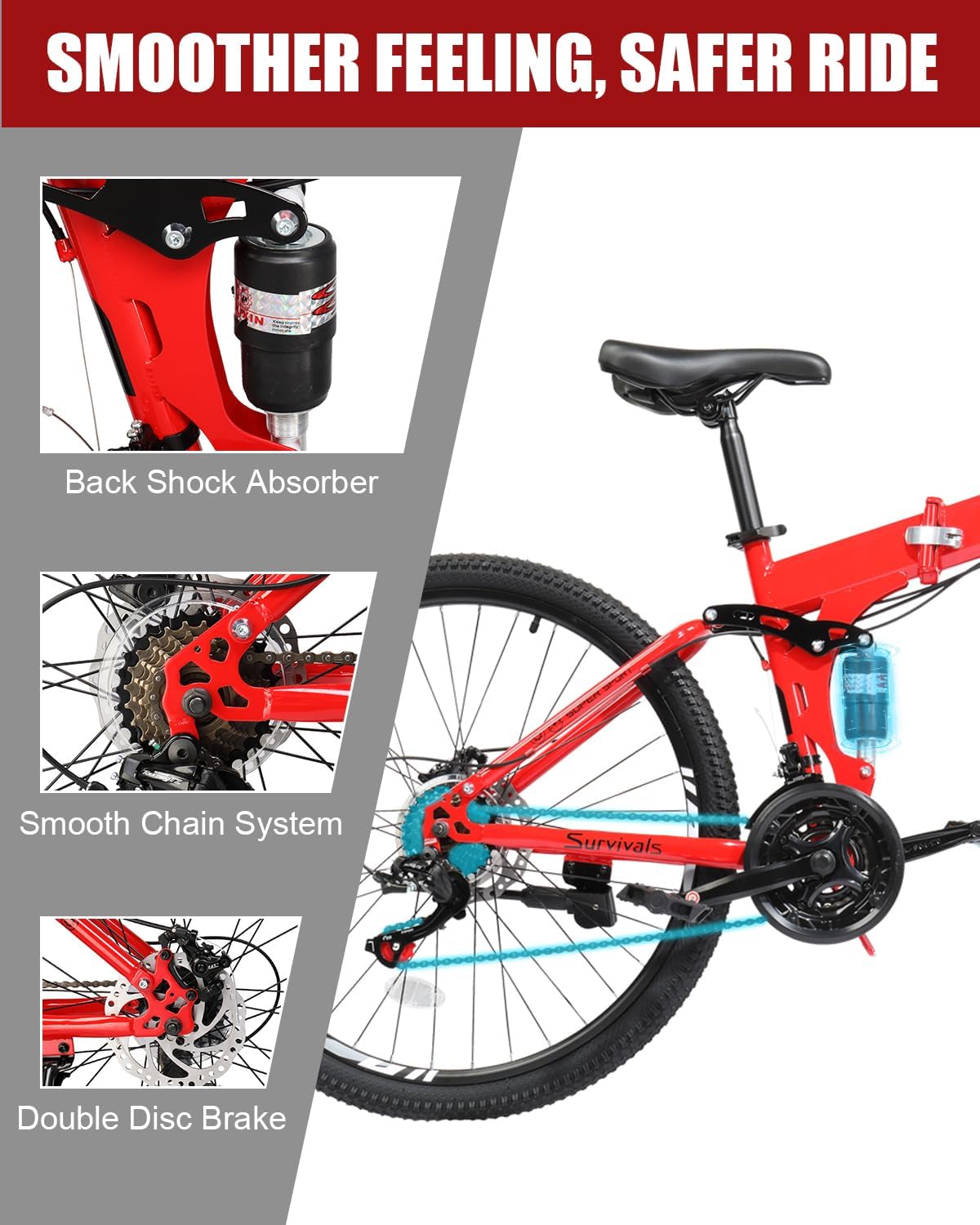CamPingSurvivals Folding Mountain Bike, 26/27.5' Women's & Men's Bicycle, 21 Speed Foldable Bike for Adults with Dual Suspension, Dual Disc Brake, Adjustable Saddle & Precision Twist Shifting