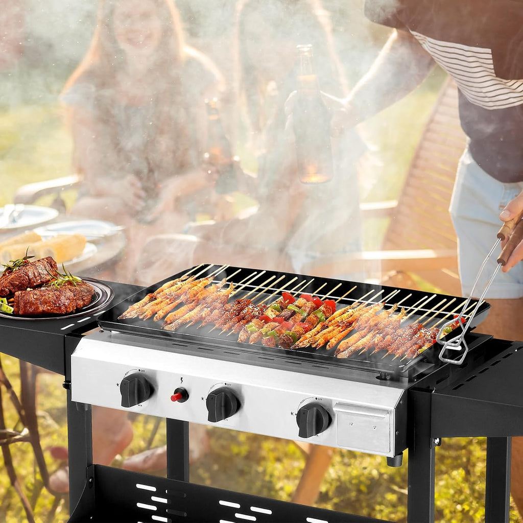 Outvita 3 Burner Propane Griddle, 23.3' Outdoor Flat Top Gas Grill with Side Shelves for Camping BBQ