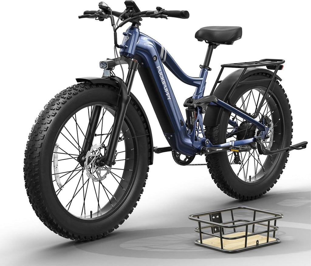 PUCKIPUPPY Electric Bike for Adults 960W, 48V 20AH Battery Adult Ebike, Full Suspension 26' Fat Tire E Bike, 28MPH 80Miles Range Mountain Electric Bicycle, 7 Speed, Hydraulic Disc Brakes