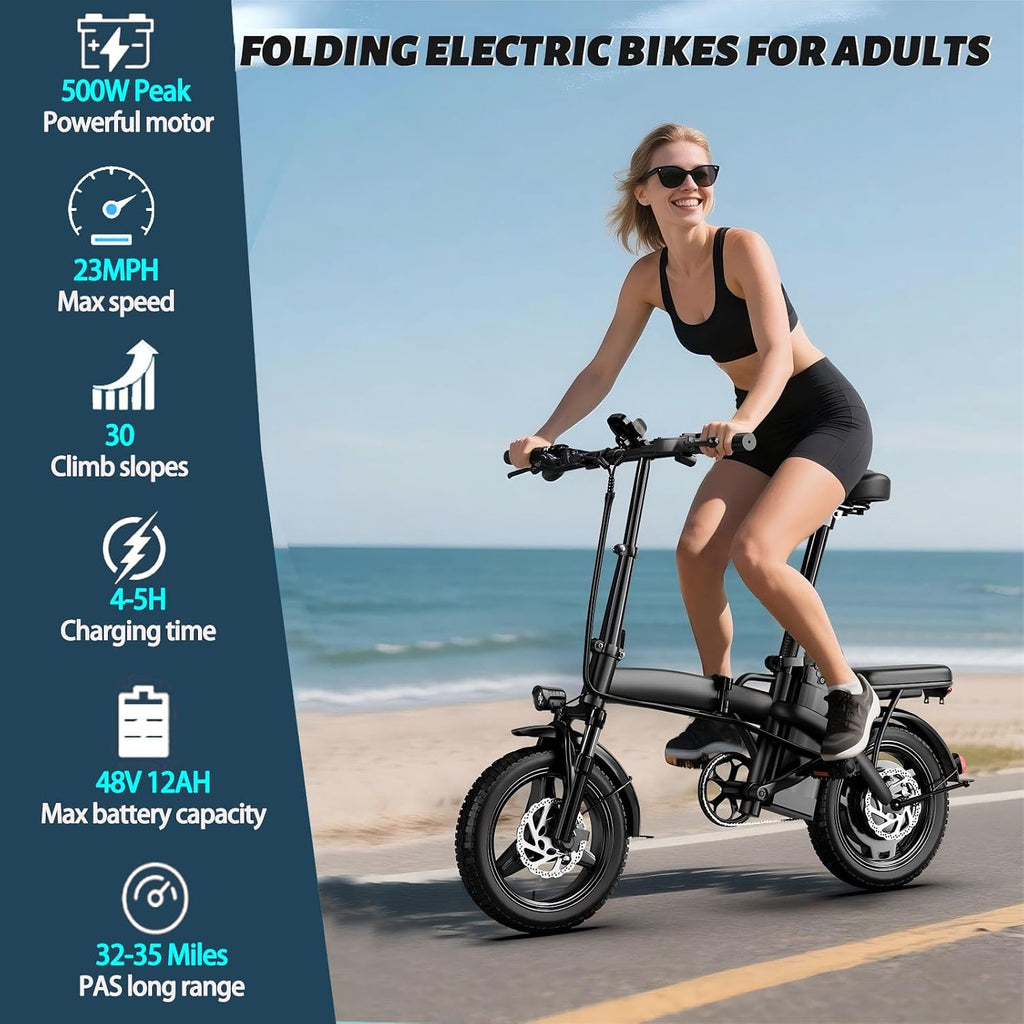 Folding Electric Bike for Adults, 500W Motor, 23MPH, 14' Mini Ebike | Pedal Assist | 30° Uphill | Shock Absorbers | 48V12AH Removable Battery | UL 2849 | Dual Disc Brake | 38 Miles PAS Range (T1)