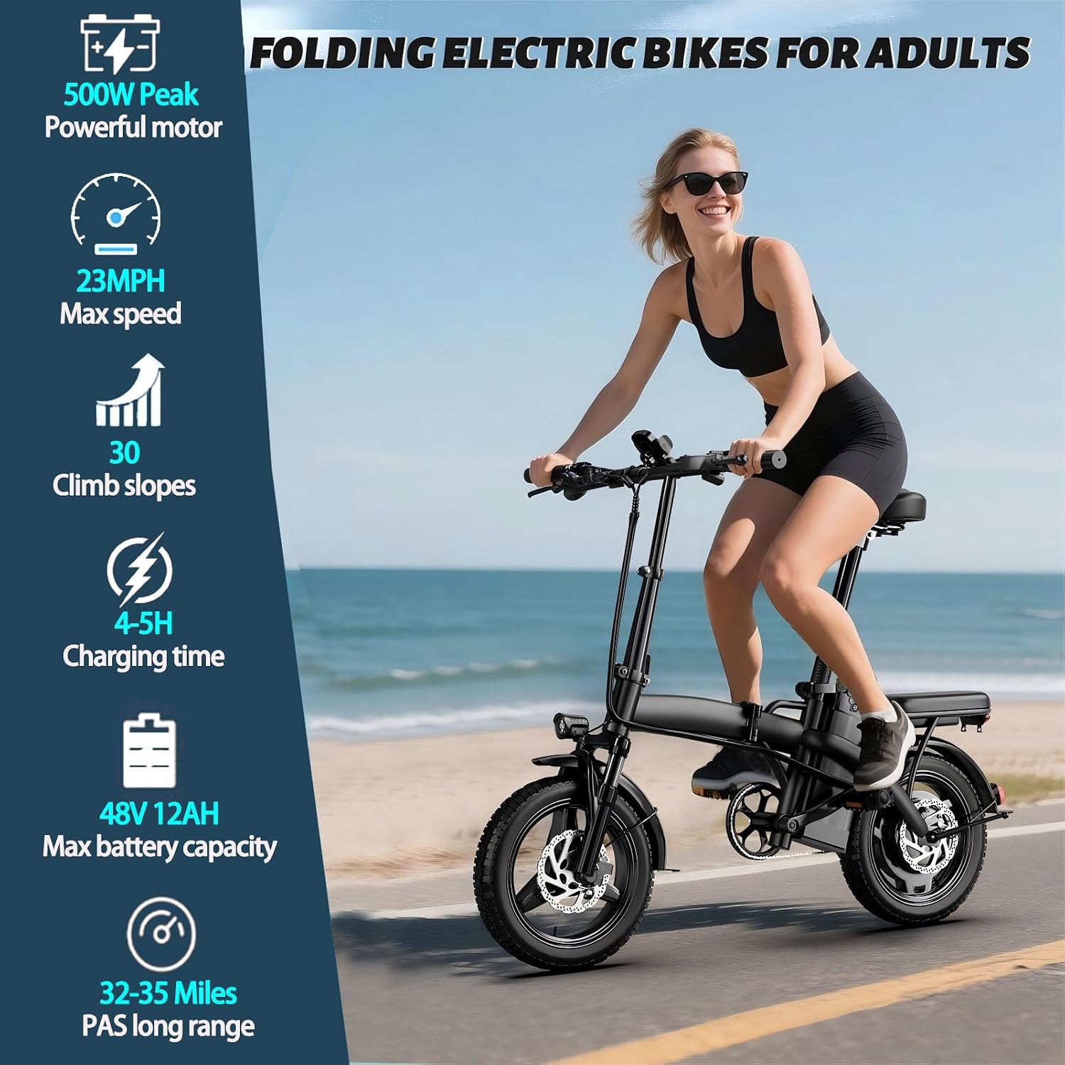 Folding Electric Bike for Adults, 500W Motor, 23MPH, 14' Mini Ebike | Pedal Assist | 30° Uphill | Shock Absorbers | 48V12AH Removable Battery | UL 2849 | Dual Disc Brake | 38 Miles PAS Range (T1)