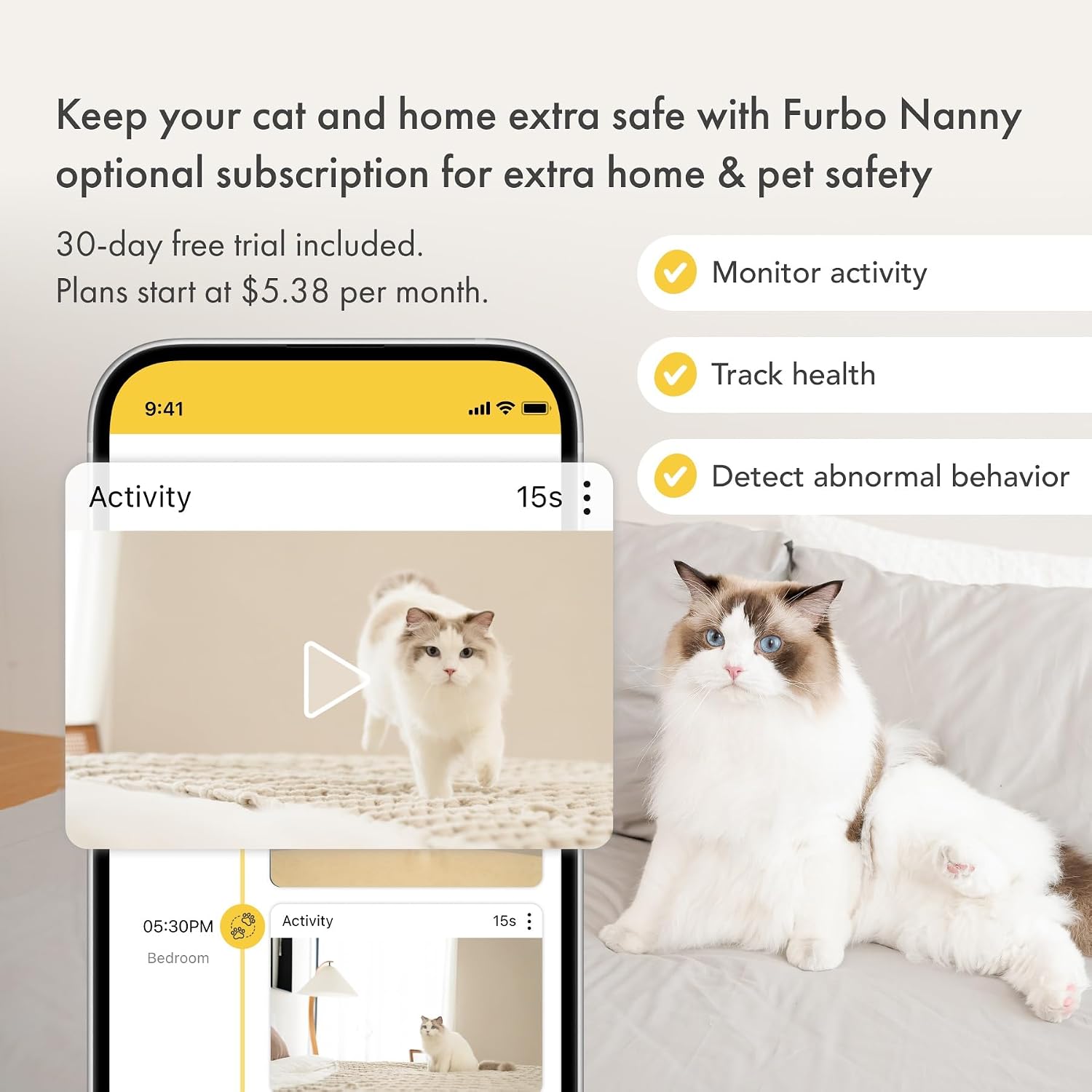 Furbo 360° Cat Camera: Pet Security Cam w/Meowing Alerts, Rotating View, Treat Toss w/Phone App, Smart Home Kitty Monitoring, 2-Way Speaker, No Subscription Needed. Standard See, Talk, & Toss Features
