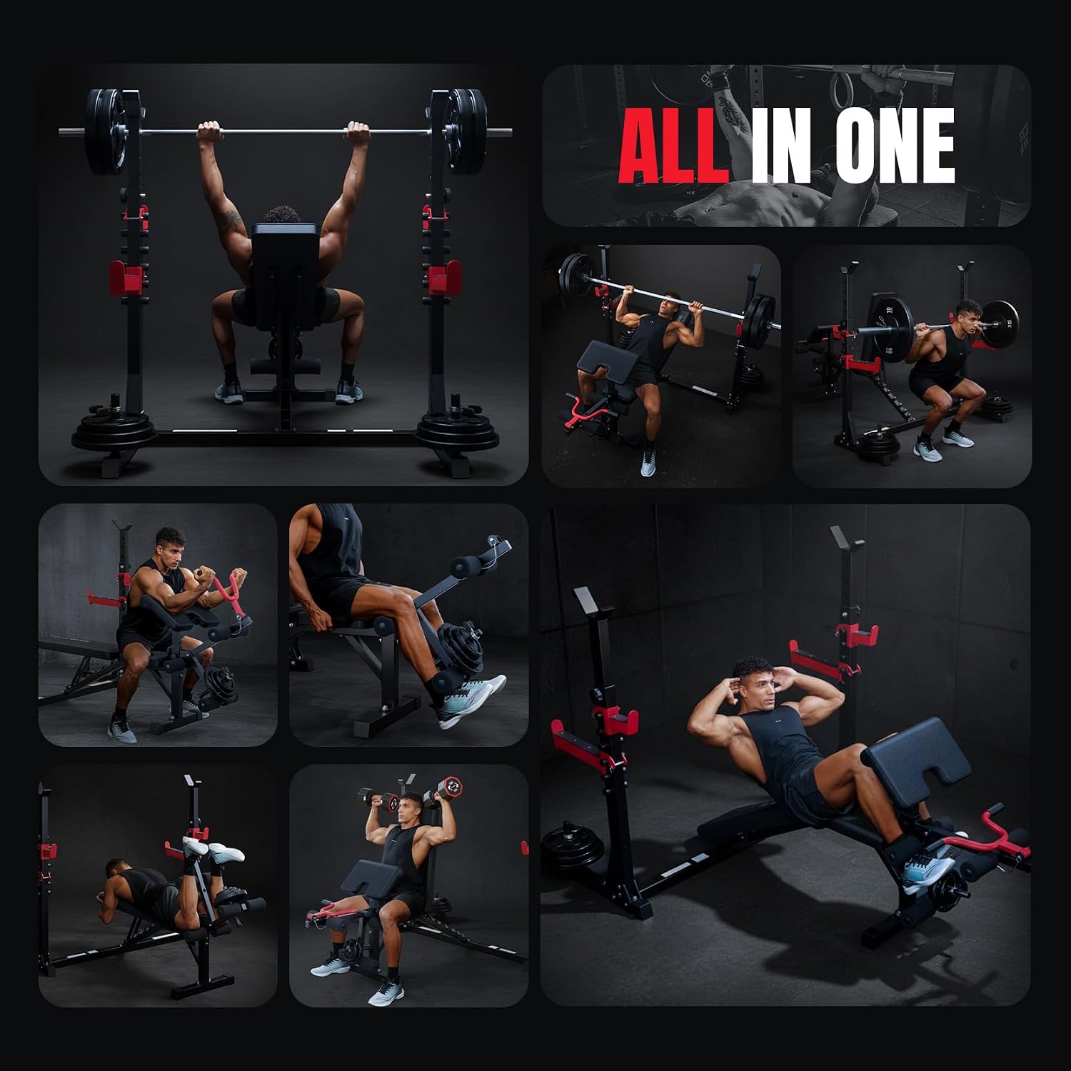 Yoleo Weight Bench with Rack - Bench Press Set, Leg Extension, Preacher Curl & Flat/Incline/Decline Full Body Workout Bench, Adjustable Olympic Weight Benches for Home Gym(47.44IN WIDE GRIP)