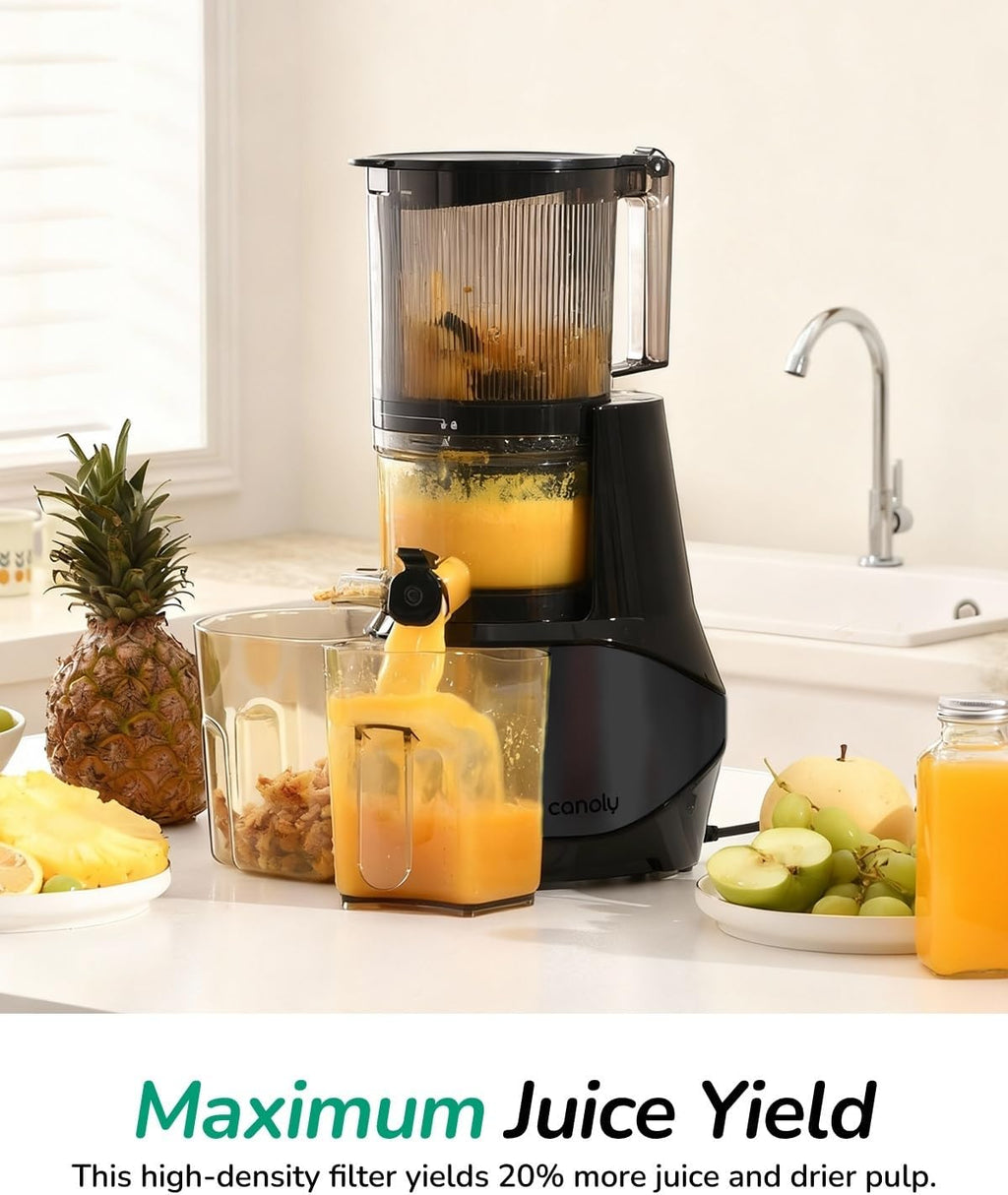 Canoly C09 Cold Press Juicer, 6' Extra Wide Feed Chute, 3-IN-1 Strainers (Juice & Sorbet & Nut Milk), Powerful AC Brushless Motor, Self Precut System, Juicer Machines with BPA-Free (Black)