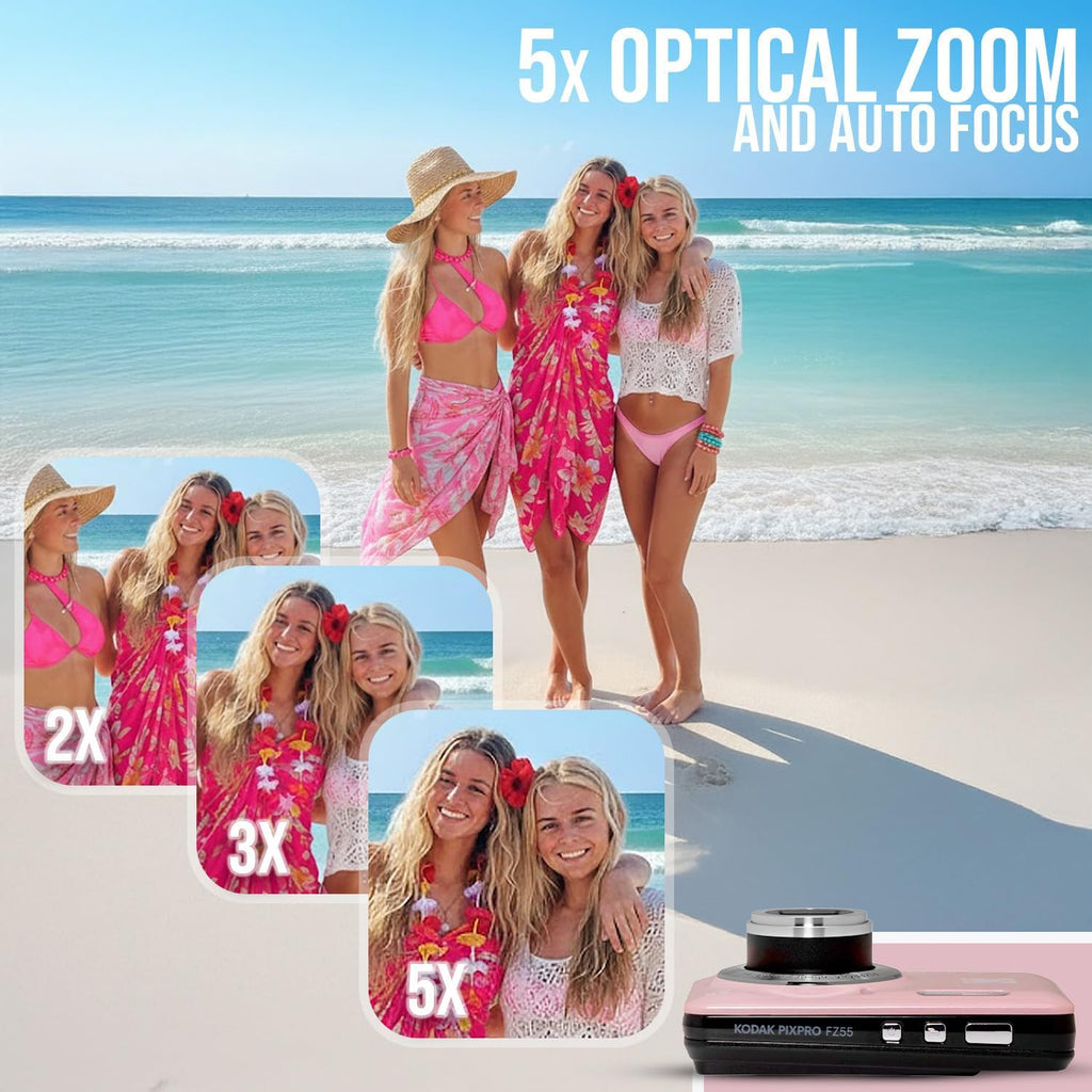 Kodak PixPro Friendly Zoom FZ55 16MP 1080p Full HD Digital Camera (Pastel Pink) Bundle with 128GB SD Card, Battery (2-Pack) and Travel Organizer (4 Items)
