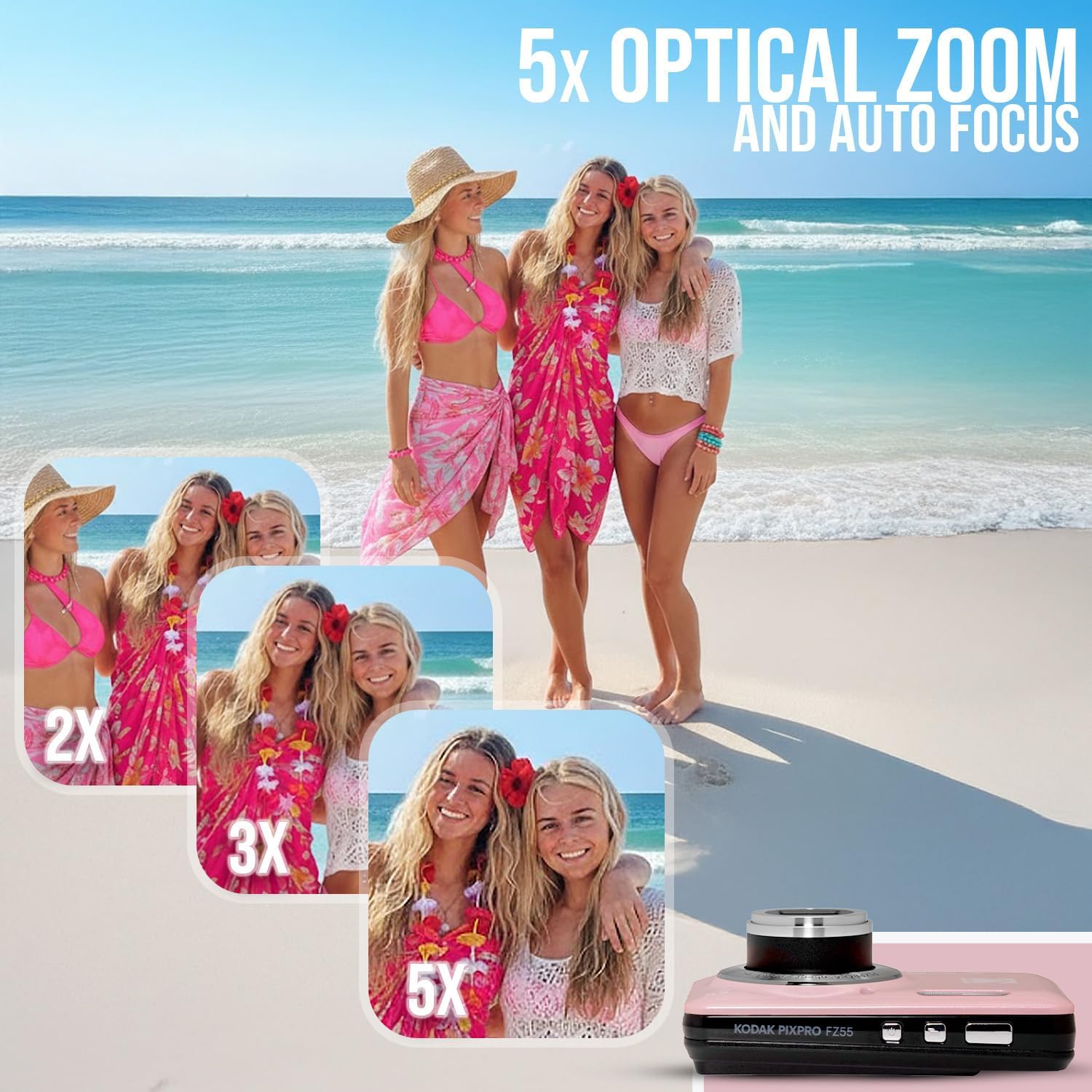Kodak PixPro Friendly Zoom FZ55 16MP 1080p Full HD Digital Camera (Pastel Pink) Bundle with 128GB SD Card, Battery (2-Pack) and Travel Organizer (4 Items)