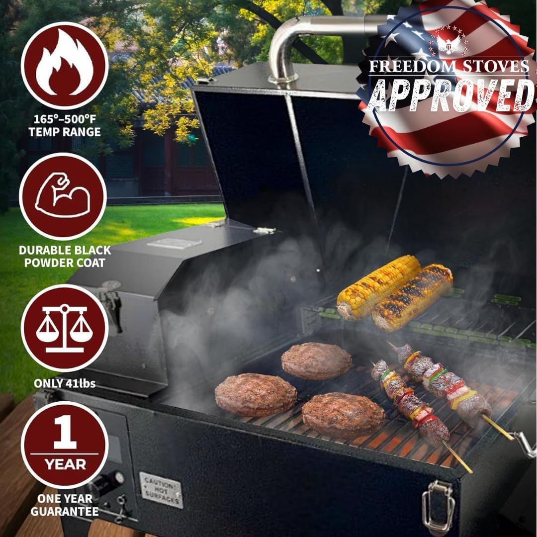 Freedom Portable Pellet Grill & Smoker: Digital Display, Dual Meat Probes, 242 sq in Cooking Area, AC/DC Powered, Black