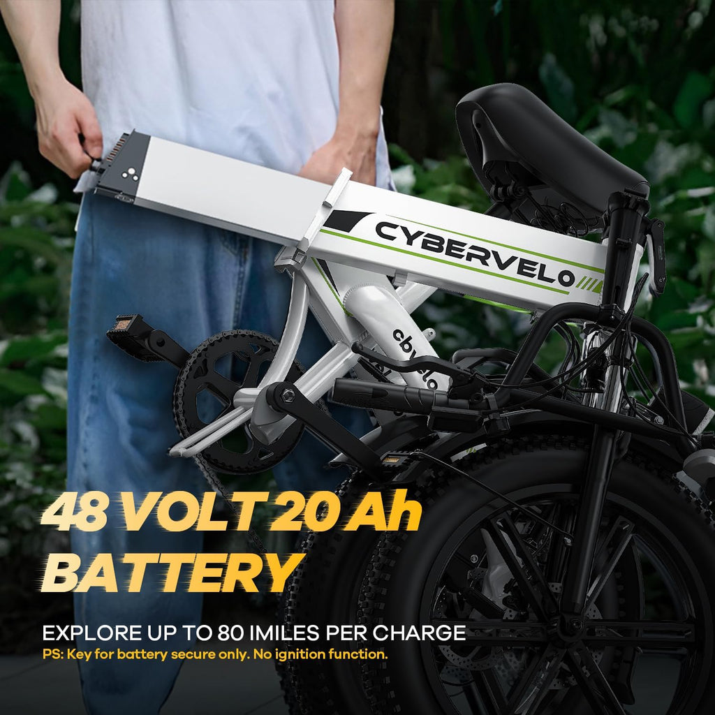 Cybervelo 750W Folding Electric Bike,48V 20AH Removable Battery EBike,20MPH,80 Miles Max Range Electric Bike for Adults, 20' Fat TireFoldable ebike, Adult Electric Bicycles
