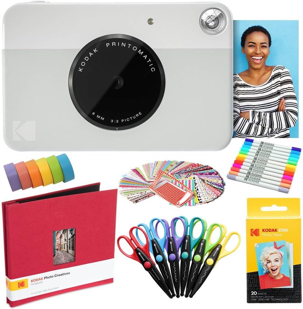 Kodak Printomatic Instant Camera (Grey) Art Bundle + Zink Paper (20 Sheets) + 8x8 Cloth Scrapbook + 12 Twin Tip Markers + 100 Border Stickers + 6 Decorative Scissors + Washi Tape