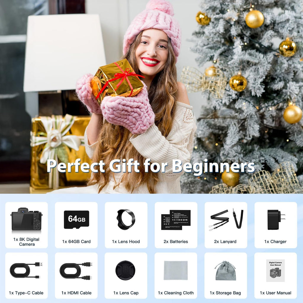 IGXHAVIZ 8K Digital Cameras for Photography Autofocus, WiFi 88MP Vlogging Camera with Dual-Lens, Flash, 16X Digital Zoom, Touch Screen, Travel Camera Anti-Shake with Lens Hood, 64GB Card,2 Batteries