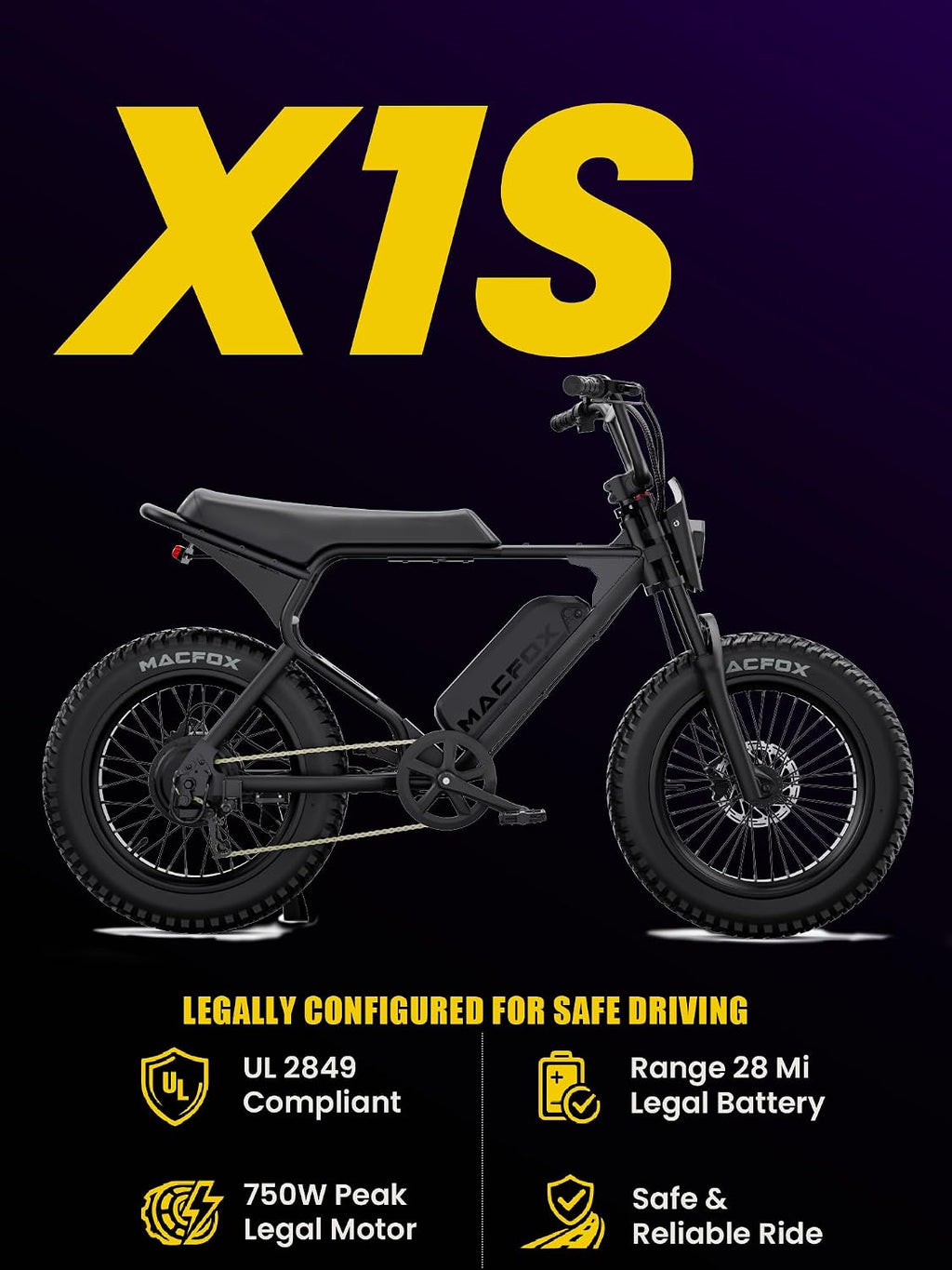 MACFOX X1S Electric Bike for Teens & Adults, UL Certified Class 2 Commuter Ebike, Street Legal Retro Fat Tire Cruiser, Safe 20MPH Campus Ride