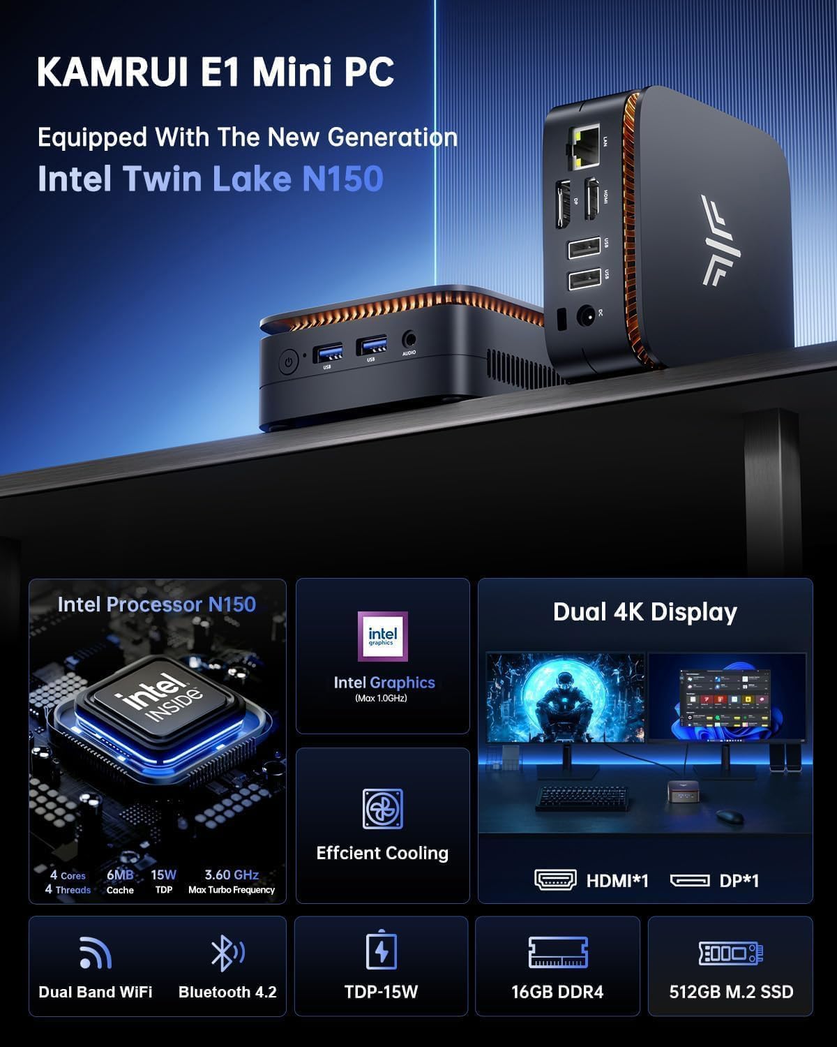 KAMRUI Essenx E1 Mini PC, 16GB DDR4 RAM 512GB M.2 SSD, Mini Computer Twin Lake N150 (Beat N100/N95,up to 3.6GHz), Desktop Computer Dual 4K, Ethernet, WiFi, Bluetooth for Business, Office, Home