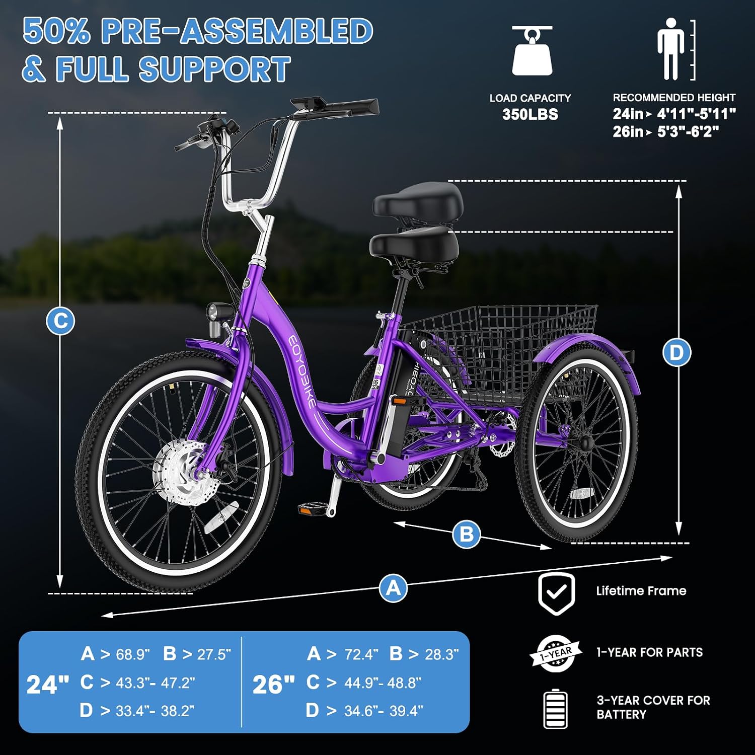 MOONCOOL Adult Electric Tricycle, 350W Front Drive Motor (Peak 700W), 15.5MPH E-Trike, Removable 36V 10.4Ah Battery, Max 60 Miles, 7-Speed 3 Wheel Electric Bike