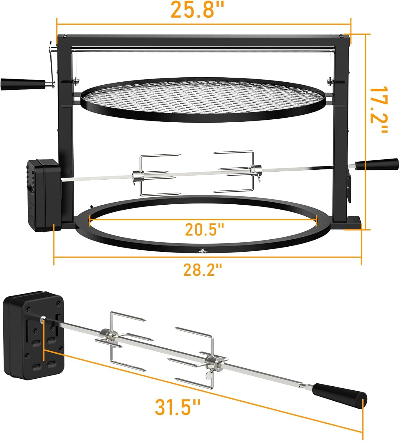 Skyflame Charkettle BBQ Grill Rotisserie System Kit with Adjustable Cooking Grate, Compatible with Weber 22-inch Kettle Grills