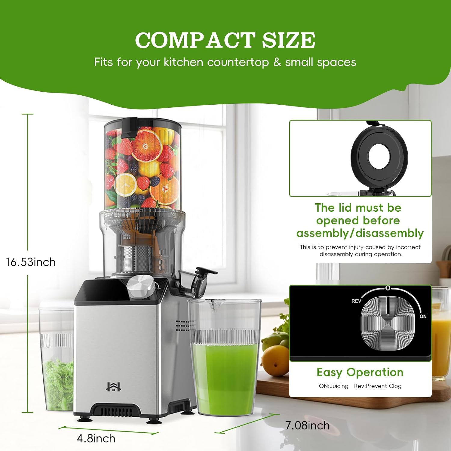 Cold Press Juicer, Wide Feed Chute Juicer Machines, Stainless Steel Slow Masticating Juicers Easy to Clean, Vegetables & Fruits Juice Extractor, High Juice Yield, Platinum Color Knob
