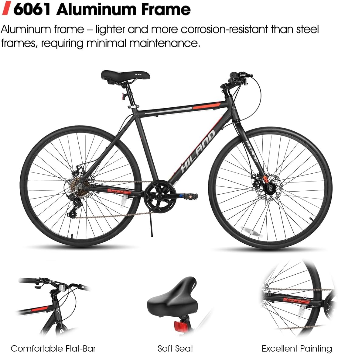 HILAND 700C Road Hybrid Bike, 7 speeds Bikes Urban City Commuter Bicycle with Disc Brake for Men Women Adult Comfortable Bicycle