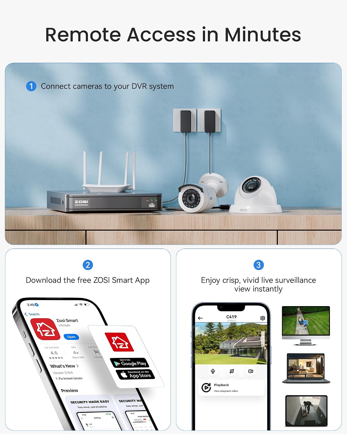 ZOSI H.265+ 1080p Home Security Camera System Indoor Outdoor, 5MP Lite CCTV DVR 8 Channel, 8 x 1080p Weatherproof Surveillance Bullet Dome Camera, Remote Access, Human Vehicle Detect (No Hard Drive)