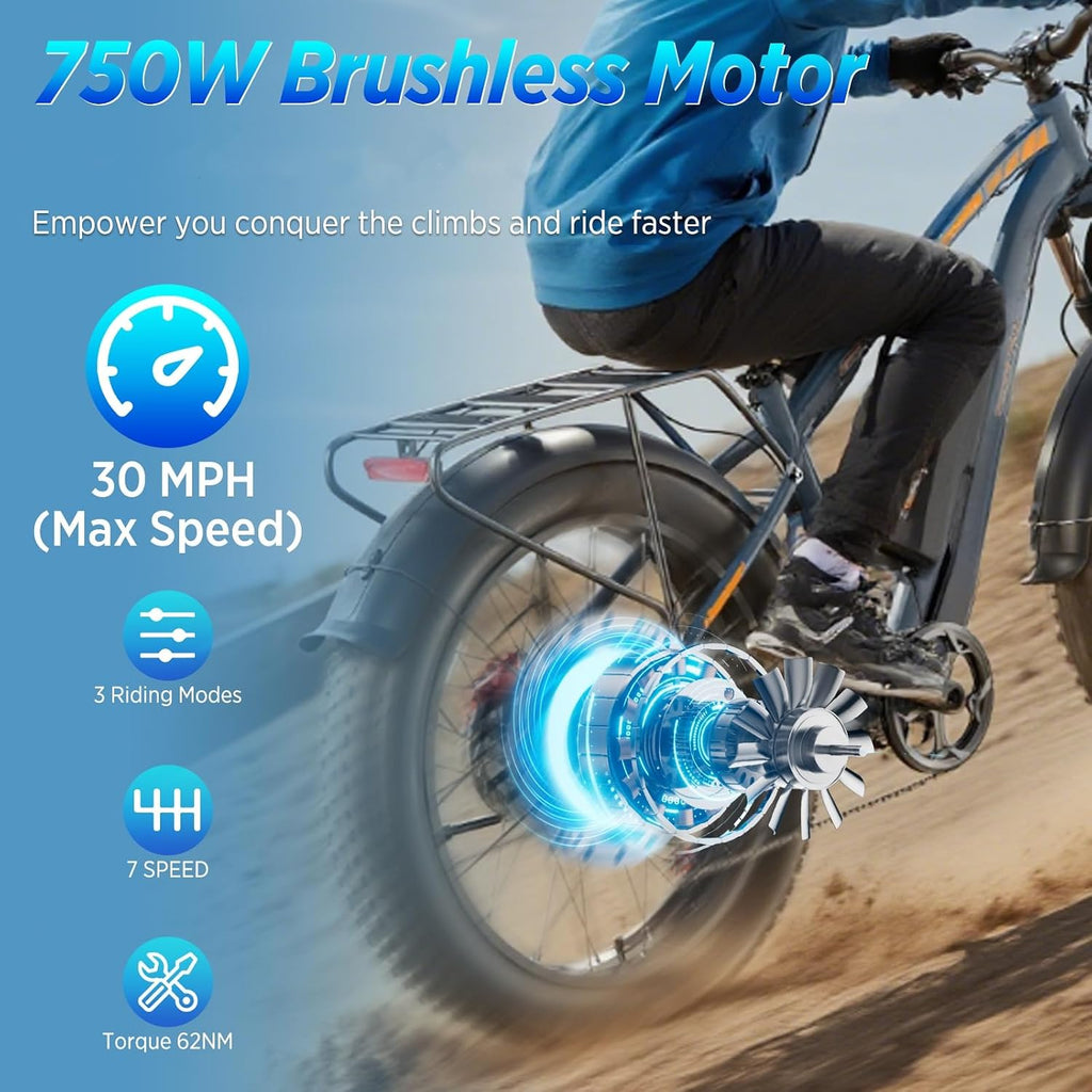Electric Bicycle for Adults, 1500W Peak Motor 30 MPH 60 Miles Fat Tire E Bike with 48V 18.2Ah Removable Battery 26' Electric Bike Hydraulic Disc Brake and 7-Speed Motorcycle,UL 2849 Certified