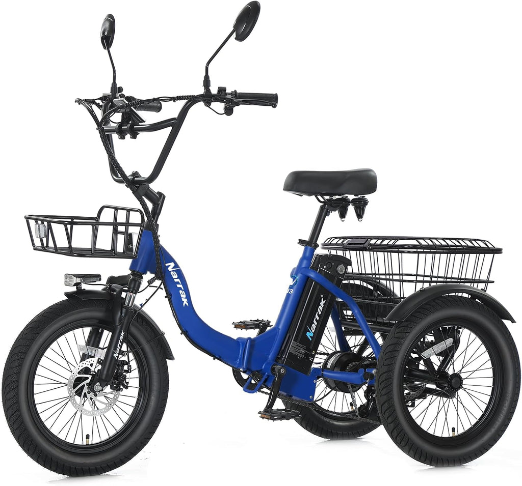 NARRAK Electric Tricycle for Adults,Fat Tire Folding Electric Trike,3 Wheels Electric Bicycle Bikes, Peak 700W/1100W Step-Thru Etrike with Removable Battery and Large Basket