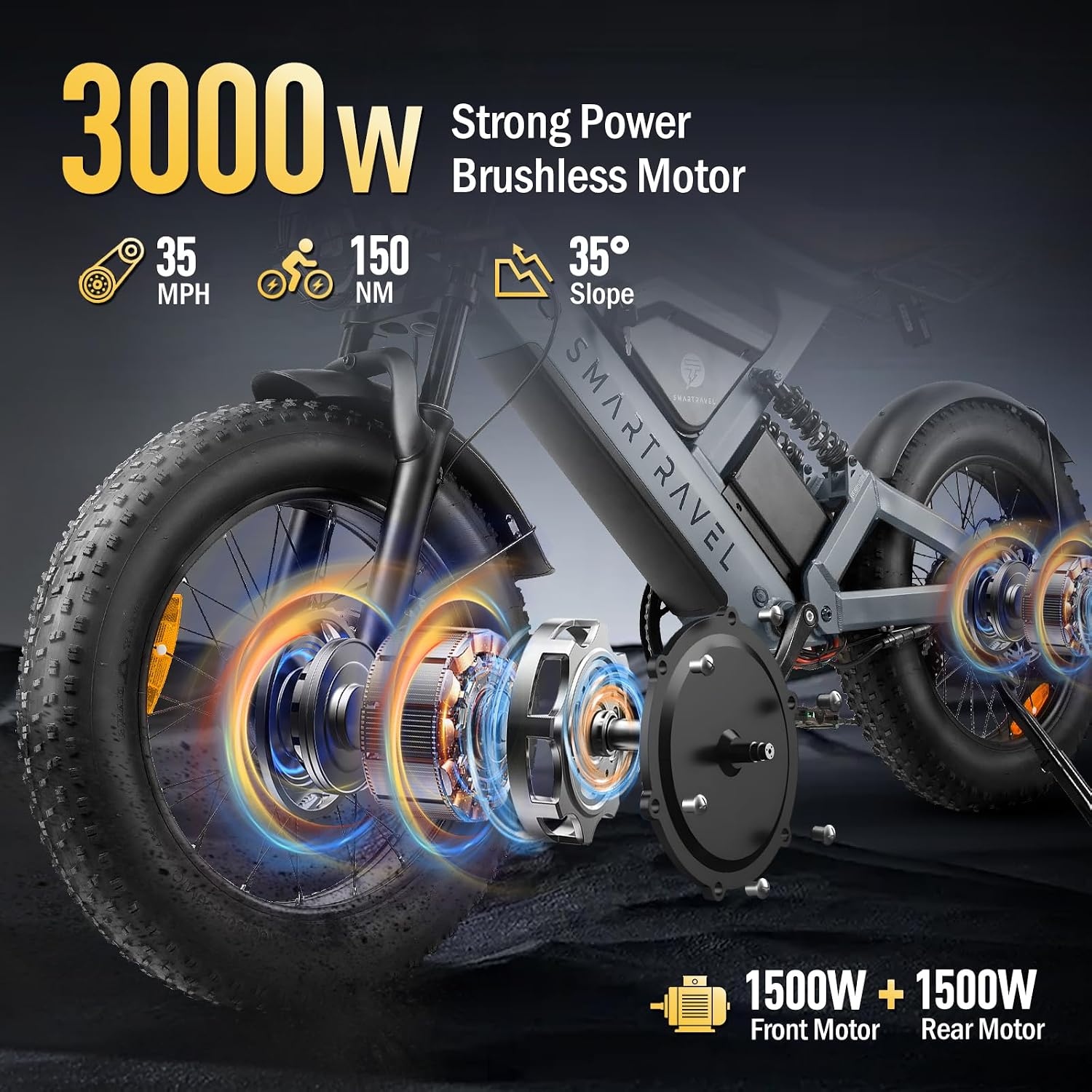 SMARTRAVEL 1200/3000W Adult Electric Bicycle,Dual Motor Electric Bike with 48V25Ah Dual Lithium Battery,70-92Miles Range,7 Speed Gears for Adults