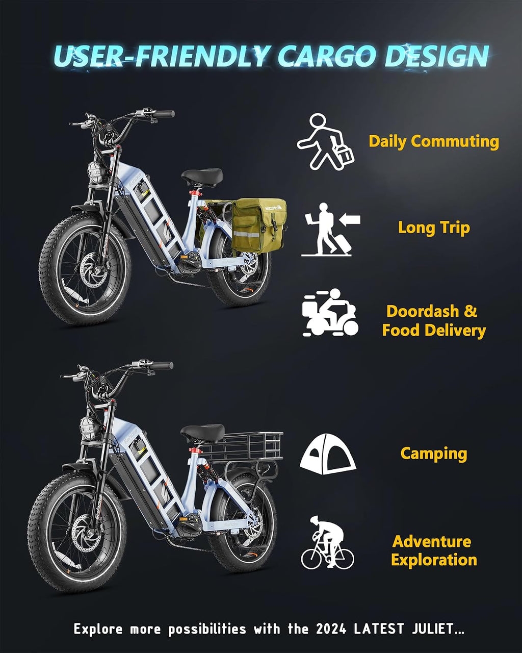 eAhora Juliet Pro 2/Juliet 2/Juliet Electric Bike for Adults 43Mph Peak 5400W/1700W/1200W Dual Motor Ebike 60V-52V 70Ah-60Ah 200+Miles Long Range Fat Tire Full Suspension Mountain Bike, E Bike