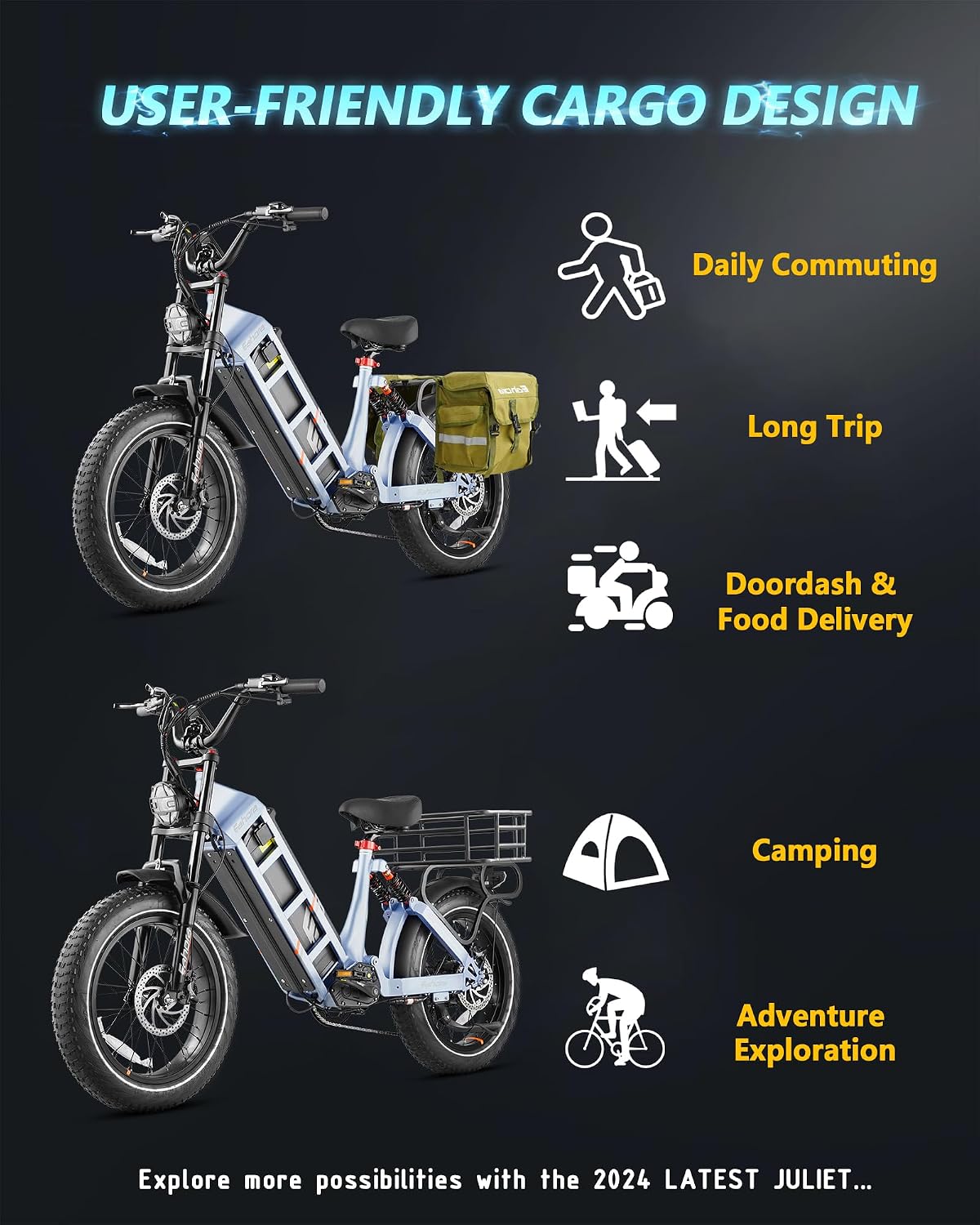 eAhora Juliet Pro 2/Juliet 2/Juliet Electric Bike for Adults 43Mph Peak 5400W/1700W/1200W Dual Motor Ebike 60V-52V 70Ah-60Ah 200+Miles Long Range Fat Tire Full Suspension Mountain Bike, E Bike