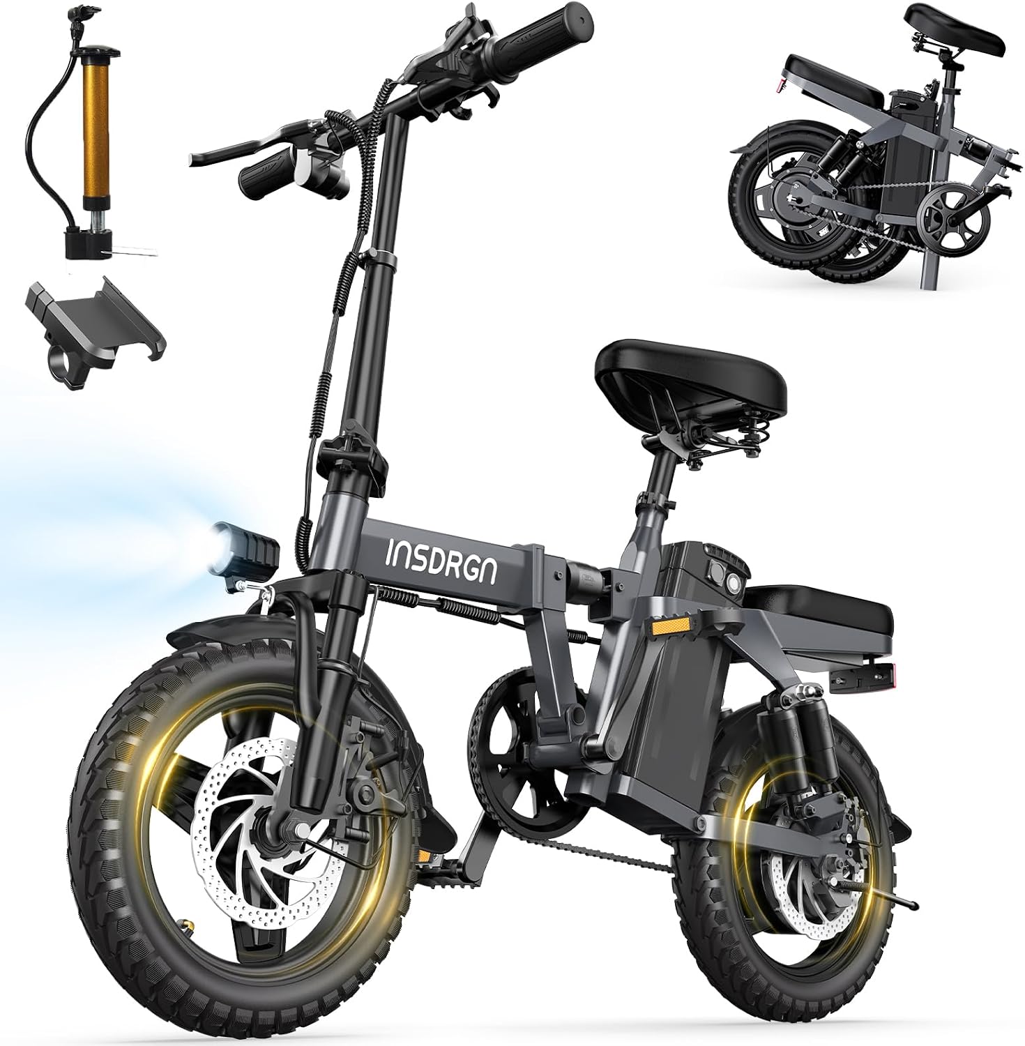 INSDRGN Folding Electric Bike for Adults Teens, Peak 1500W, 62 Miles PAS Range, 48V 16AH Removable Li Battery Ebike, 9 Shocks Full Suspension, 20 MPH Electric Bicycle, UL2849 Certified