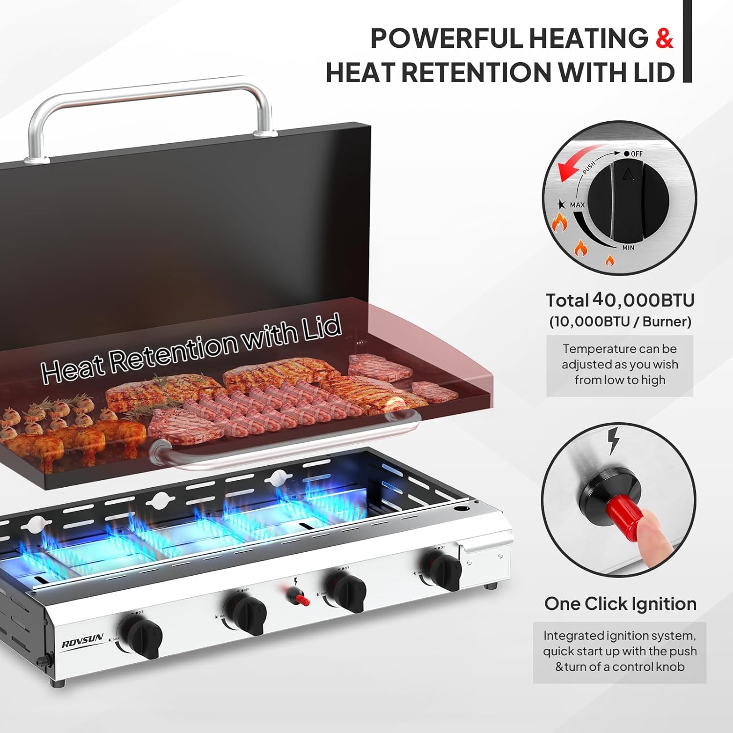 ROVSUN 40000 BTU Foldable Flat Top Gas Grill with Cart, Enameled Tray & Lid, 4 Burner Portable Rolling Propane Griddle with Electronic Ignition & Regulator for Outdoor Cooking Camping BBQ Tailgating