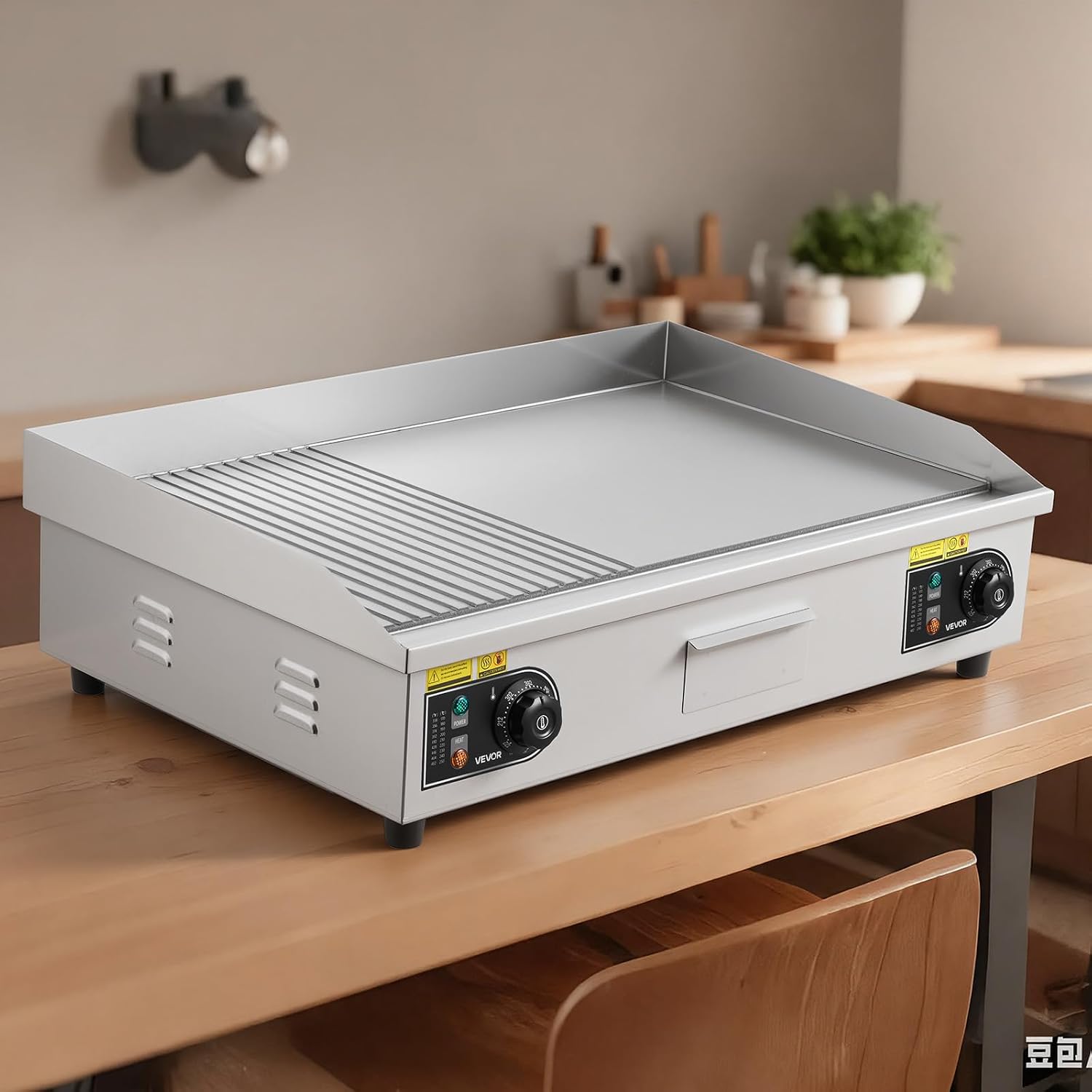 VEVOR Commercial Electric Griddle, 28.54 x 15.75 in, 2800W, 122-570°F Adjustable Temp Control, Stainless Steel, Half Grooved Half Flat, with 2 Spatulas, 2 Brushes, and 4 Foot Pads, for Steak(NO PLUG)