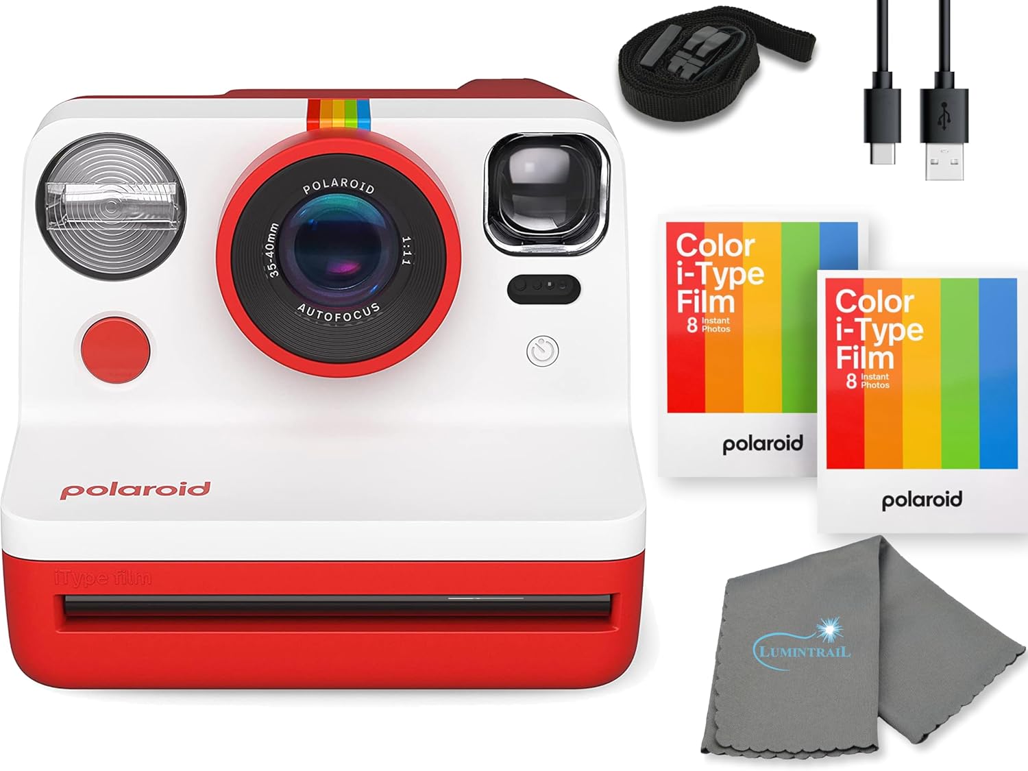 Polaroid Gen 2 Now I-Type Instant Film Camera - Red Bundle with 2 Color i-Type Film Pack (16 Instant Photos) and a Cleaning Cloth