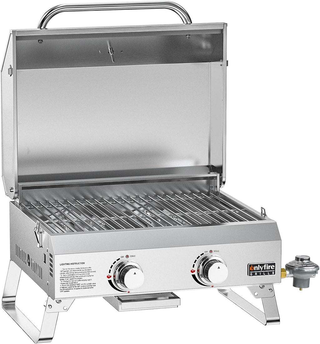 ONLYFIRE GRILLS Tabletop Gas Grill 2 Burners, 20' Portable Propane Grill with Foldable Legs for Outdoor Patio Backyard Camping Tailgating RV Trip Beach, Stainless Steel Gas Stove 16000BTU, GS322