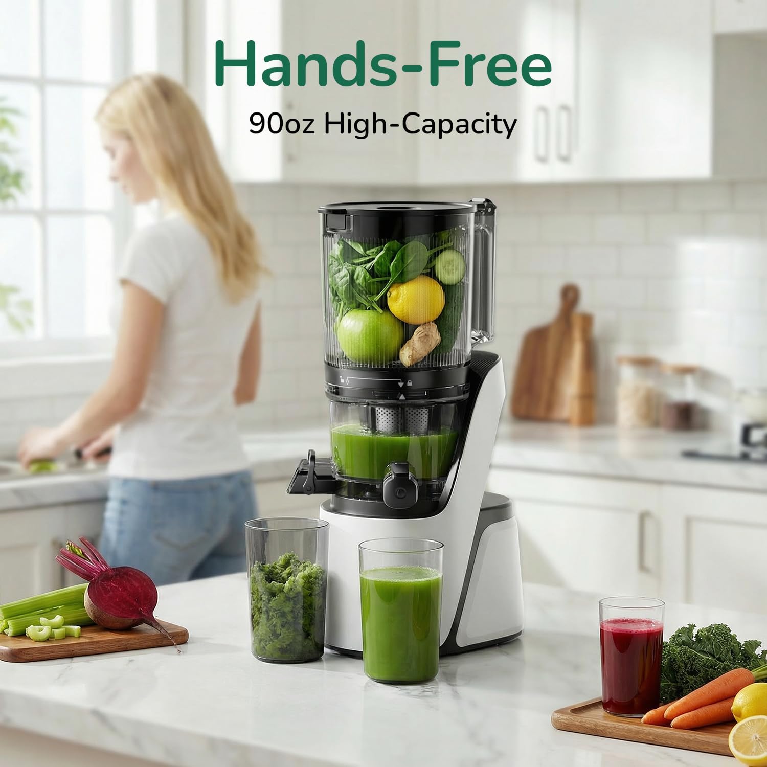 Canoly C16 Cold Press Juicer, 6' Extra Wide Feed Chute, 3-IN-1 Strainers (Juice & Sorbet & Nut Milk), Powerful AC Brushless Motor, Self Precut System, Juicer Machines with BPA-Free (Pearl White)