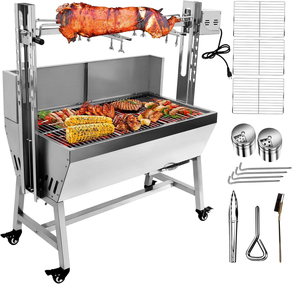 Stainless Steel Rotisserie Grill with Windscreen, Electric 25W Motor Outdoor Cooking Spit Roaster, 132 LBS BBQ Spit Roaster, BBQ Whole Pig Lamb Goat Charcoal Spit Grill Rotisserie Roaster System