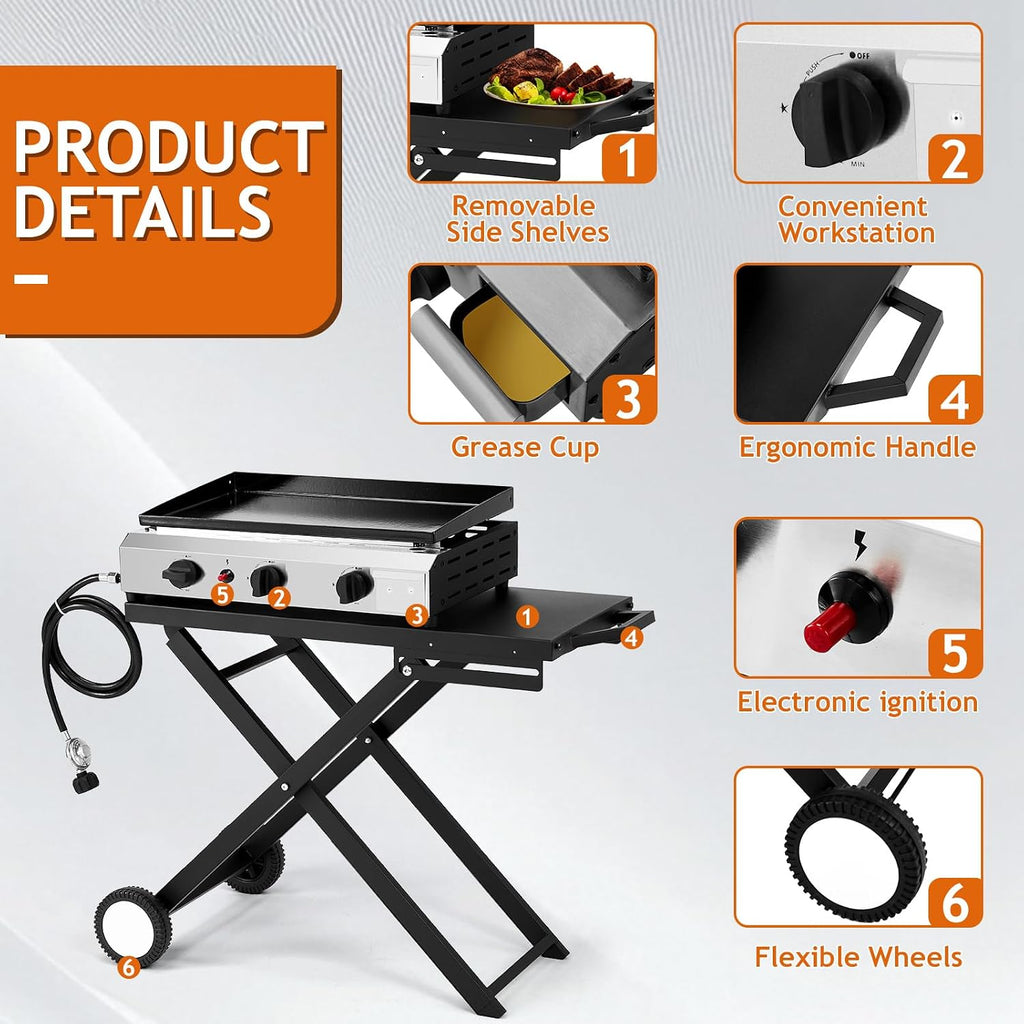 Outvita 3 Burner Foldable Propane Griddle with Wheels & Enameled Tray, 30000 BTU Portable Flat Top Gas Grill with Electronic Ignition & Regulator for Outdoor Cooking Camping BBQ Tailgating Picnicking