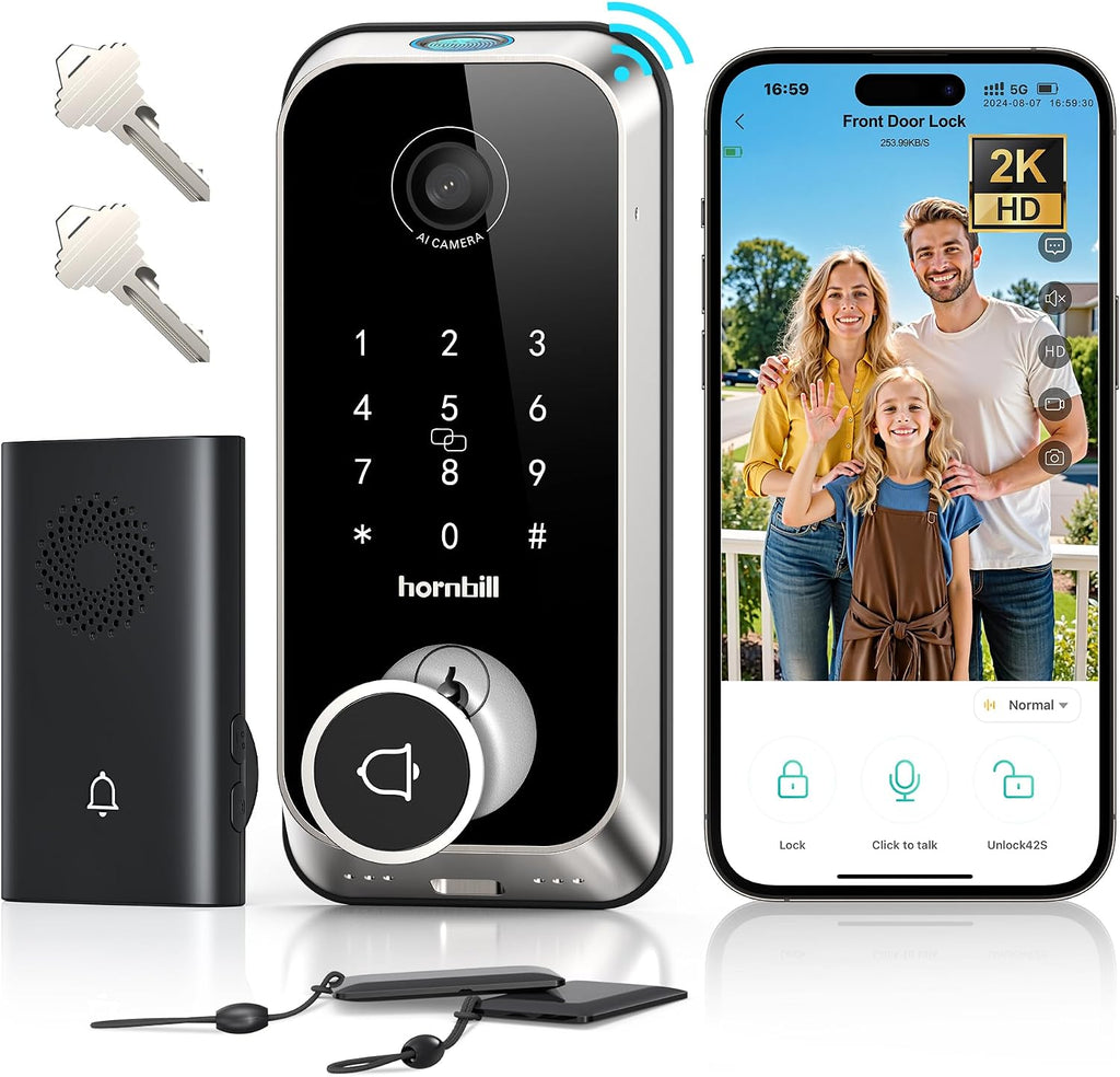 Hornbill Video Smart Lock with Camera: 10-in-1 Ring+2K Camera+Doorbell+Fingerprint Keyless Entry Door Lock, Built-in WiFi Deadbolt(only 2.4G), Two-Way Audio/App Remote Control/PIR, Satin Nickel