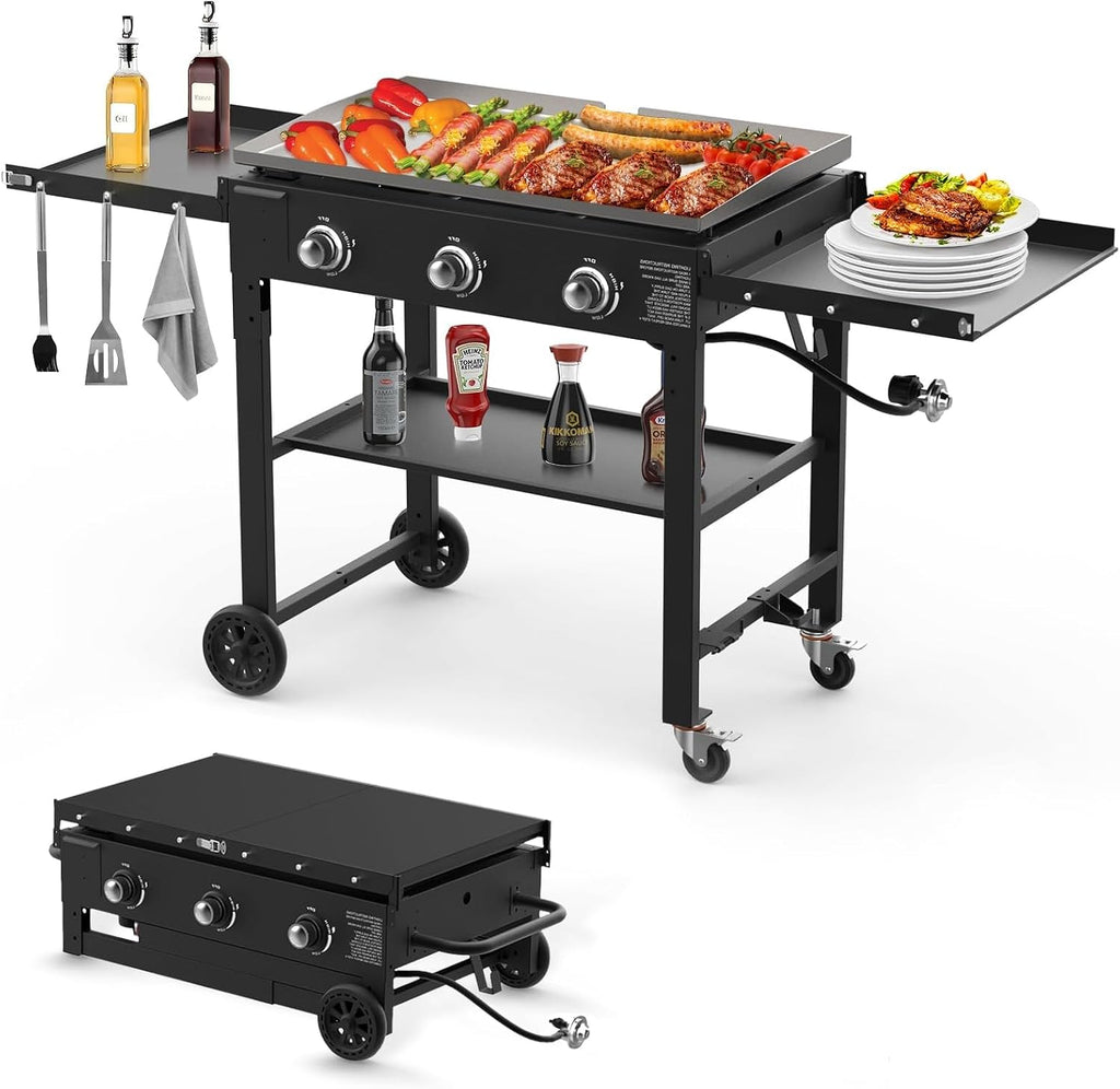 Llamaviva 3 Burner 35' Flat Top Grill with Foldable Shelves 45000 BTU Outdoor Griddle for Propane High-Pressure Systems Portable BBQ Grill