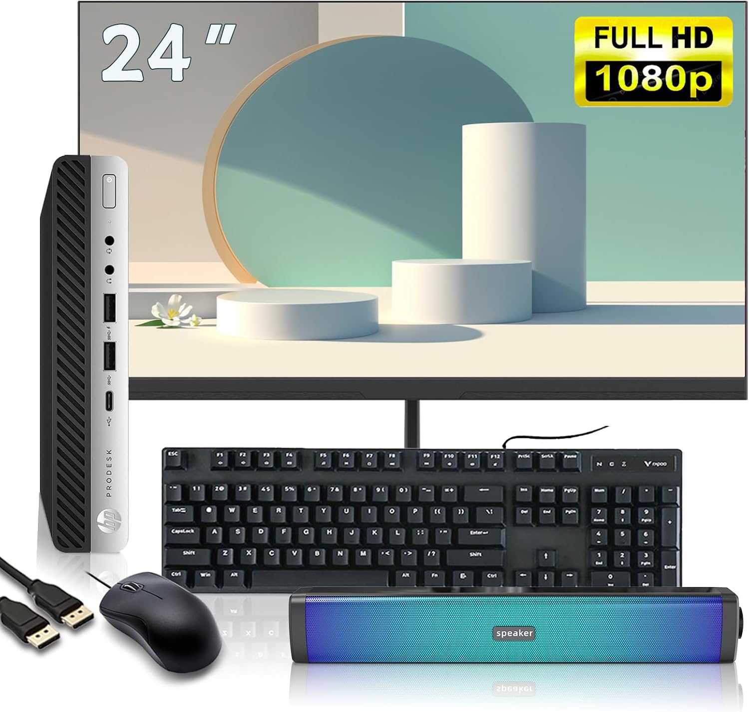 HP ProDesk 600 G4 Mini Desktop PC with 24' FHD Monitor and RGB Speakers PC Set, Intel Core i5-8500T, 8 GB RAM, 256 GB SSD, Keyboard & Mouse, Windows 11 Pro (Renewed)