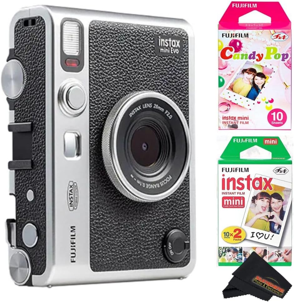 Fujifilm Instax Mini EVO Instant Camera with Sunshine Photo Microfiber Cleaning Cloth (Camera + 1 Twin & 1 Candy Pop, Black)