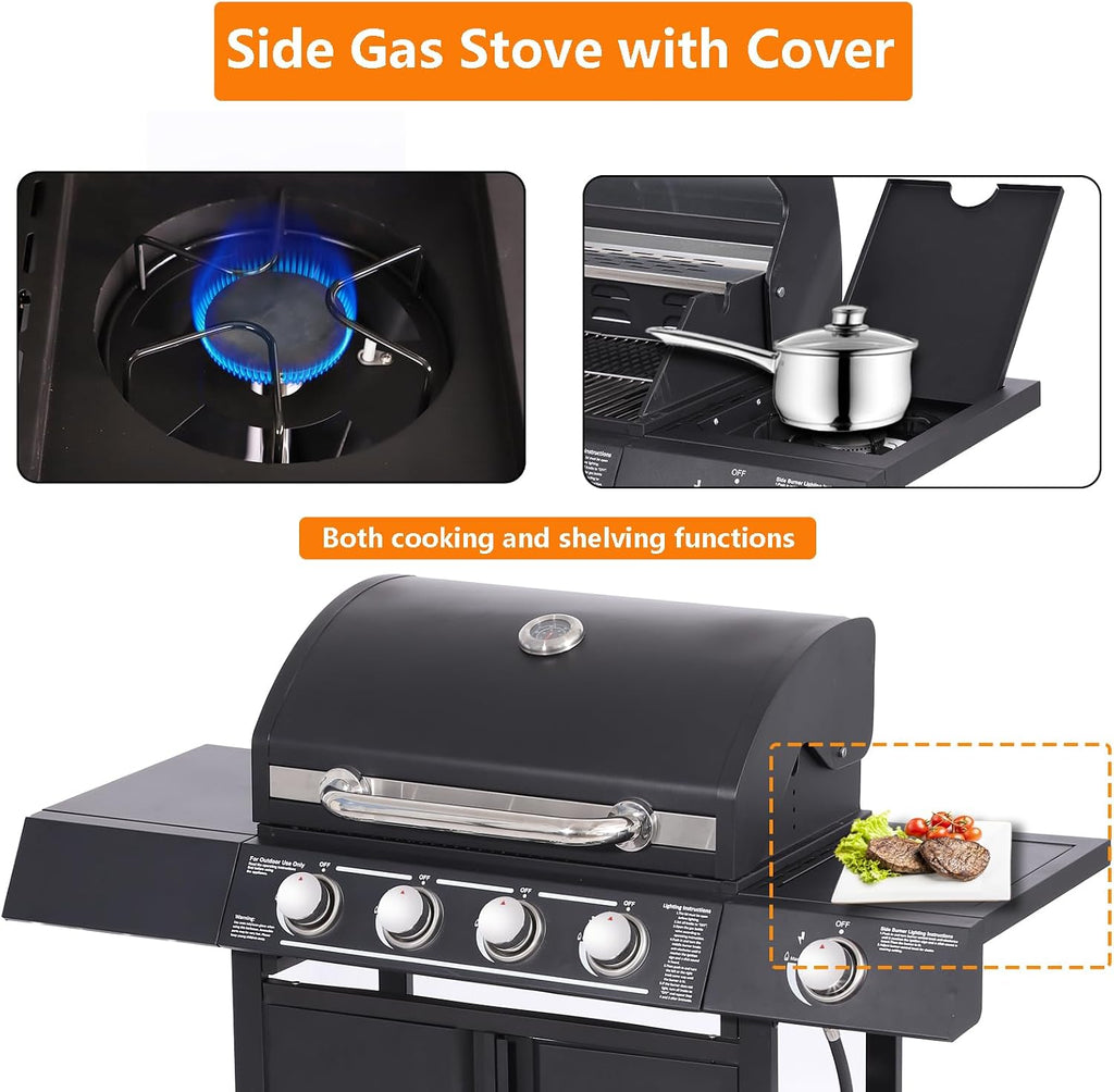 4-Burner Propane Gas BBQ Grill High-Strength Cast Iron with Side Burner, Portable 50,000 BTU Barbecue Grills with 4 Wheels and 449 SQ.IN. Cook Area for Outdoor Cooking and Backyard BBQ (Black)